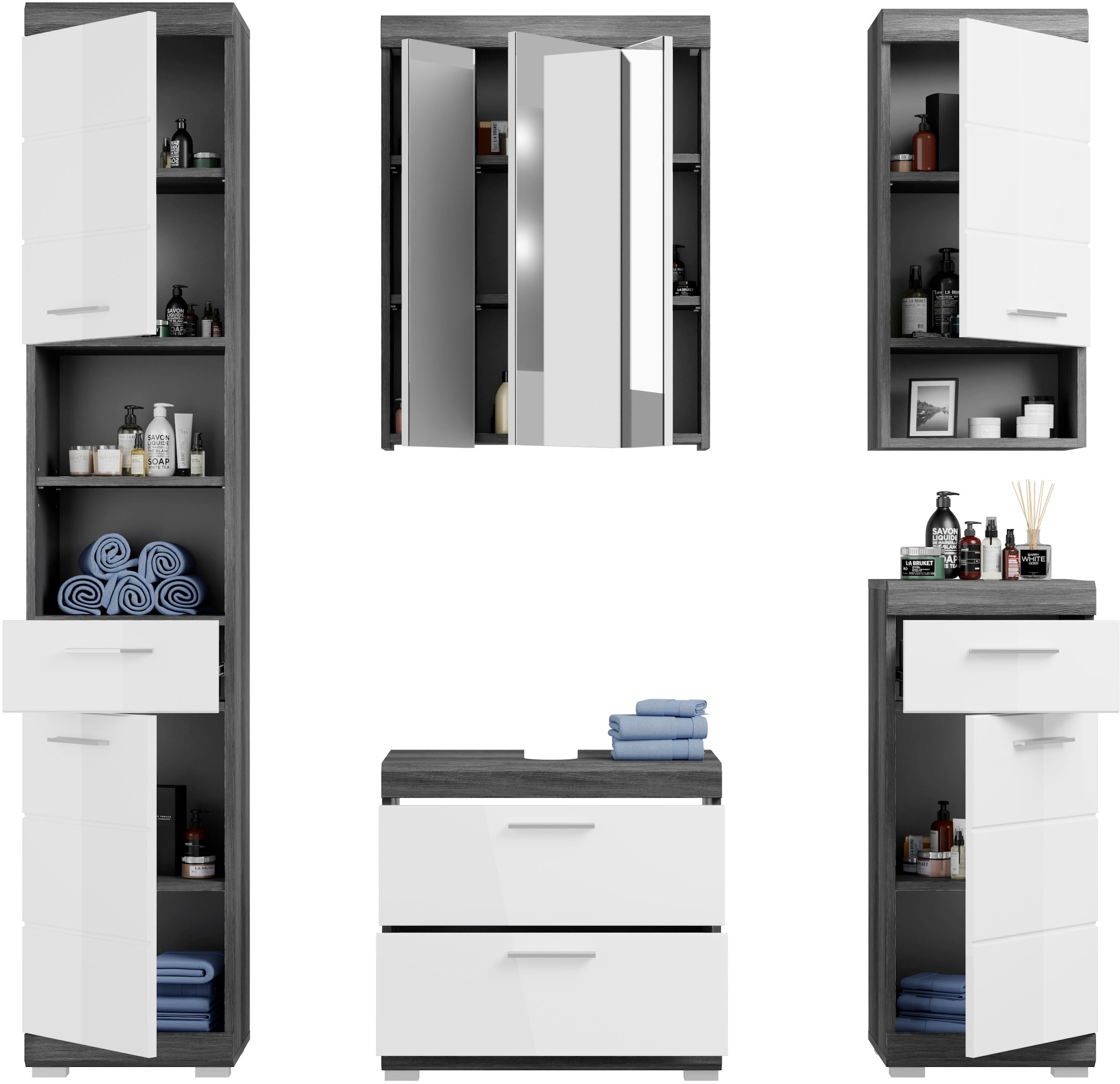 INOSIGN Badmöbel-Set »Siena, 5 teilig, bestehend aus:«, (Set, 5 St.), Hochschrank, WBU, Spiegelschrank, Unterschrank, Hängeschrank