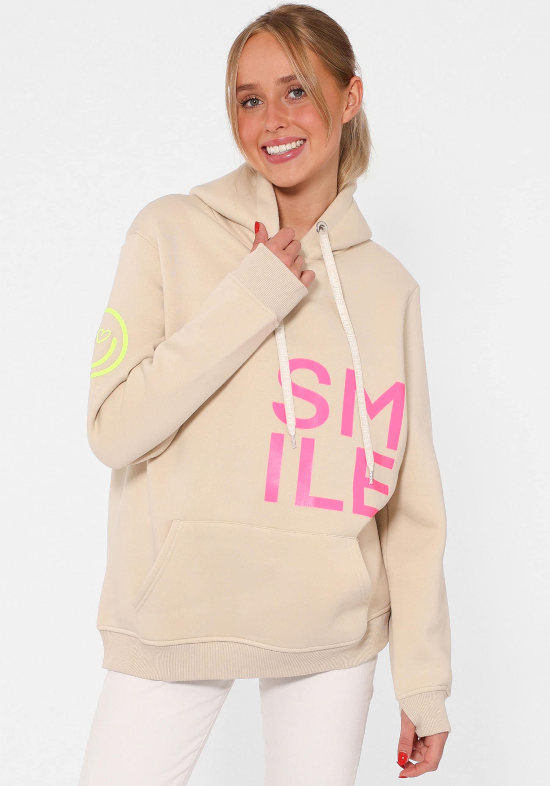 Hoodie, mit "Smile"-Aufdruck in Neonfarben und gestickte Smiley