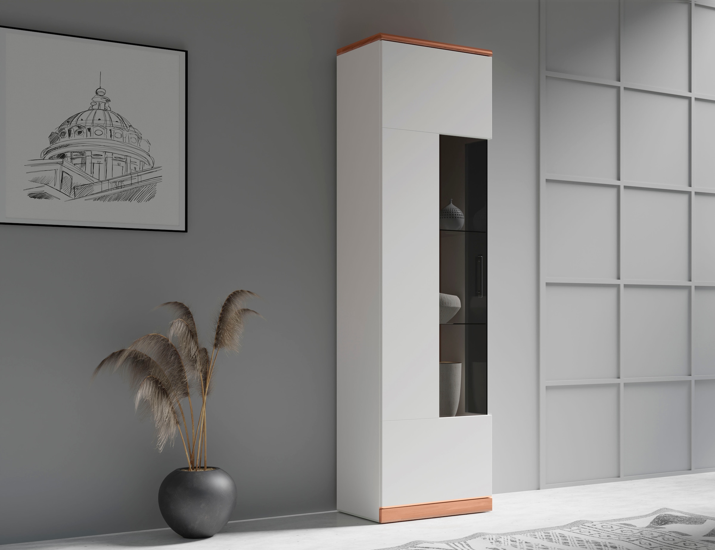 Home affaire Vitrine »Ribe,180cm hoch,5 Fächer,2 Glasböden variabel einsetzbar«, Oberplatte Kernbuche massiv,dunkles Glas, schwarze Metall Griffe