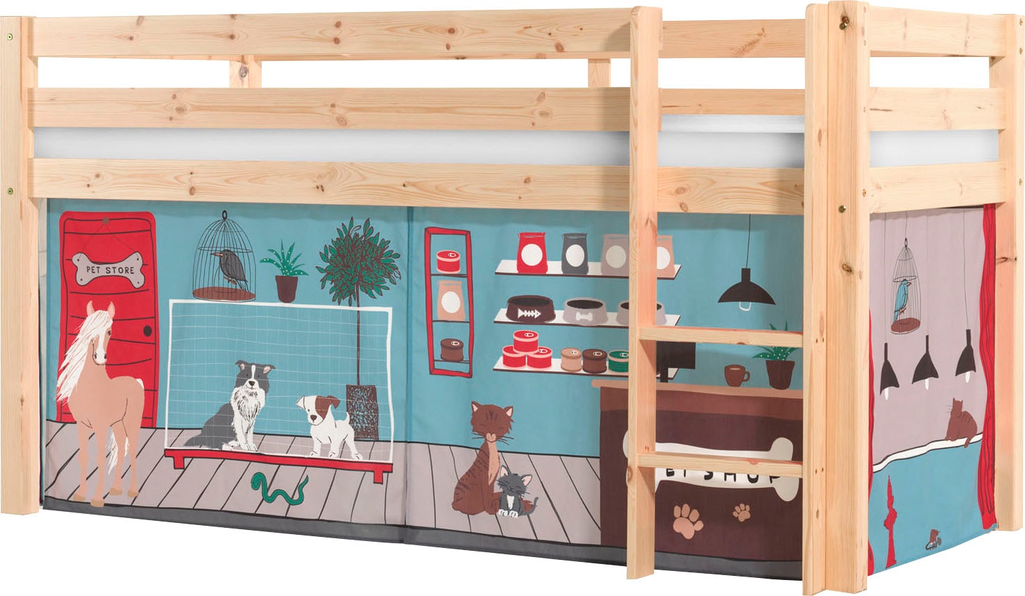 Vipack Spielbett »Pino, Kiefer massiv, mit Rolllattenrost u. Textil-Set, Made in Europe« B/H/T ca. 210x114x106cm, mit Leiter und Absturzschutz,  verschiedene Textil Dessins, 3 Gestellfarben zur Wahl
