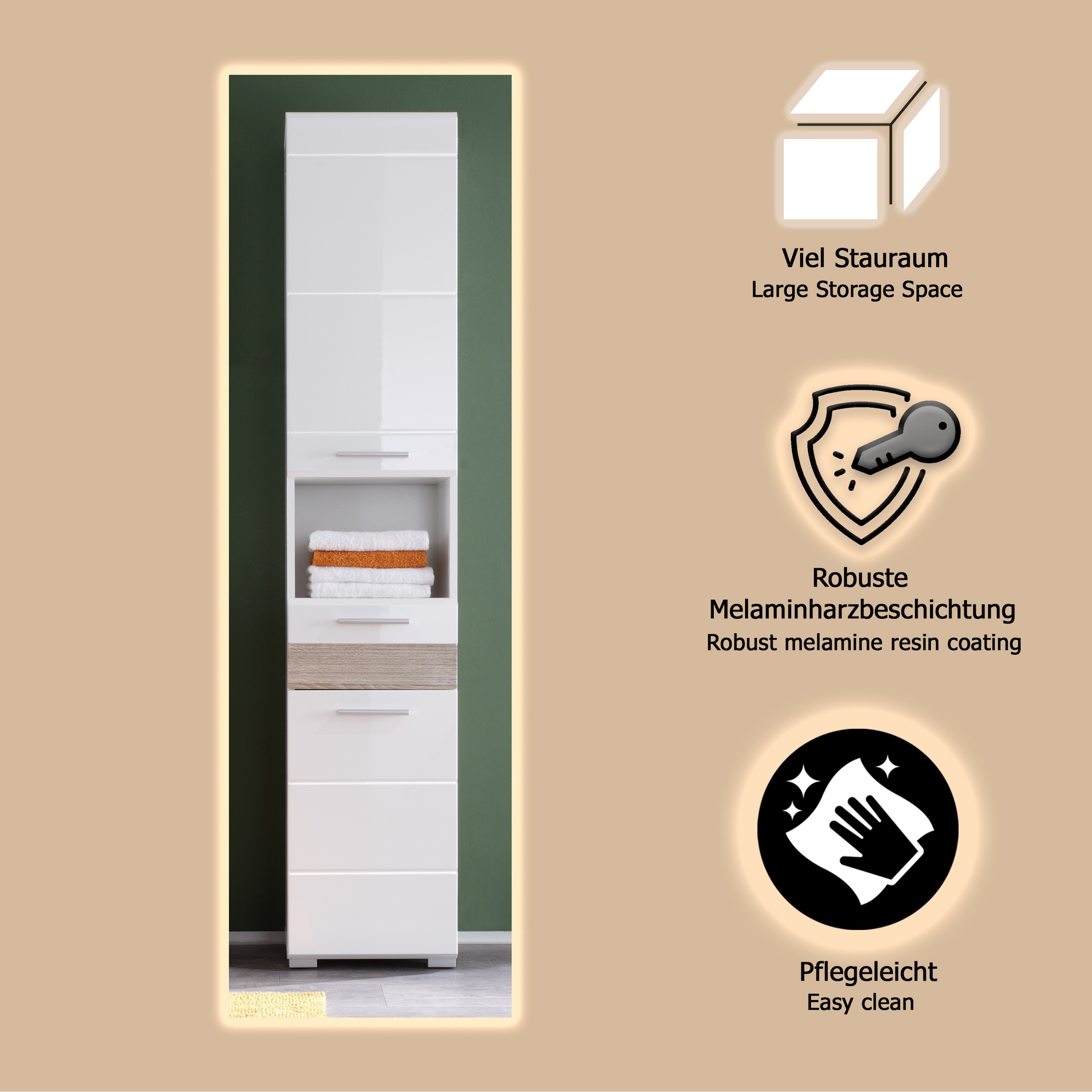 welltime Hochschrank »Marbella«, Hochschrank mit Absetzung Eiche - (B/T/H) 37/31/182 cm