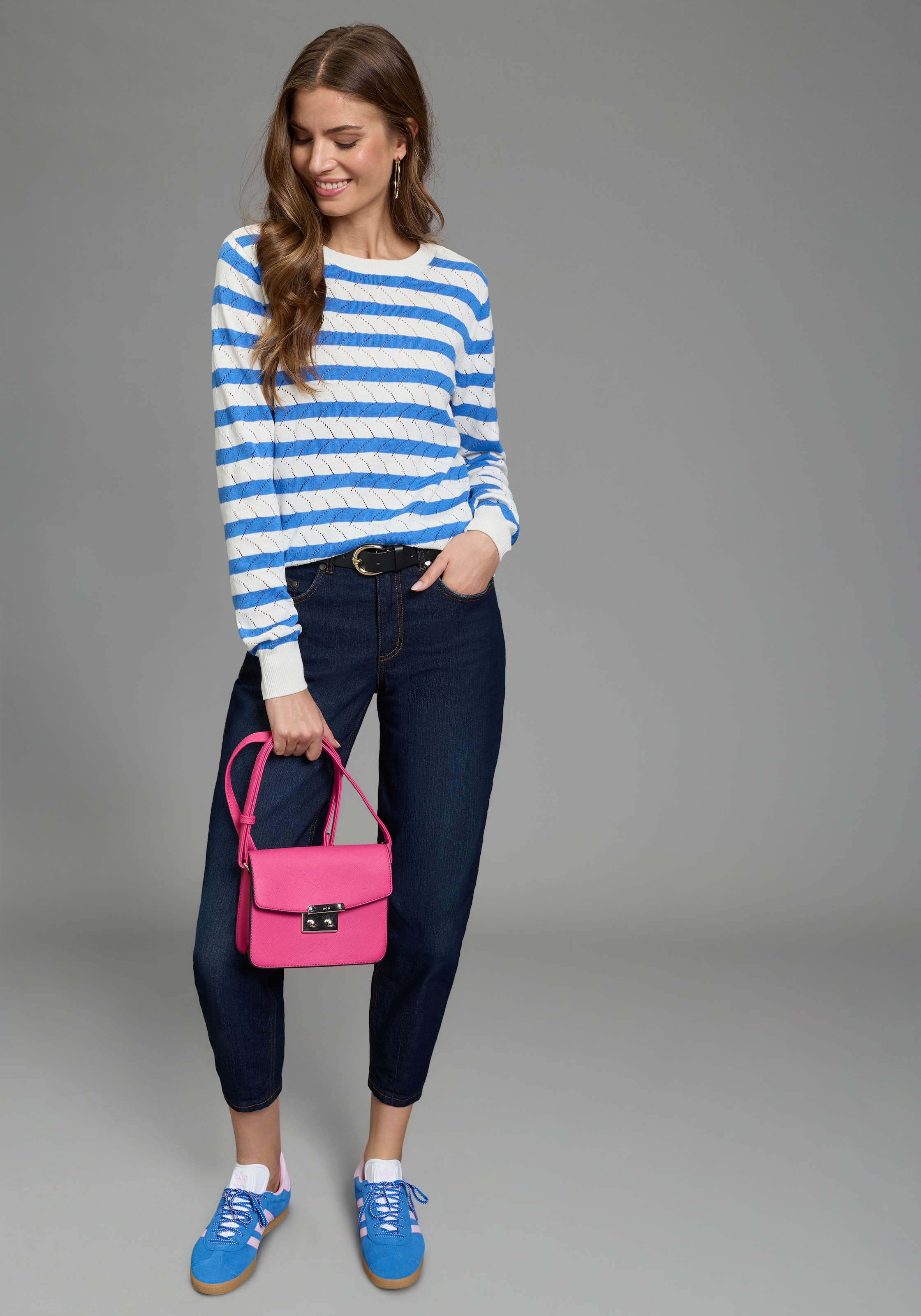 Laura Scott Ajourpullover leichter Übergangspullover mit moderner Struktur und Streifen