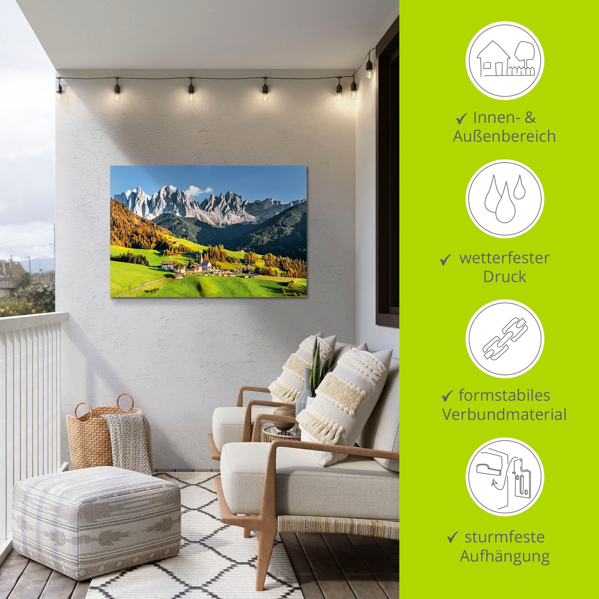 Artland Wandbild »Alpen Berge Santa Maddalena«, Berge & Alpenbilder, (1 St.), als Alubild, Outdoorbild, Leinwandbild, Poster in verschied. Größen