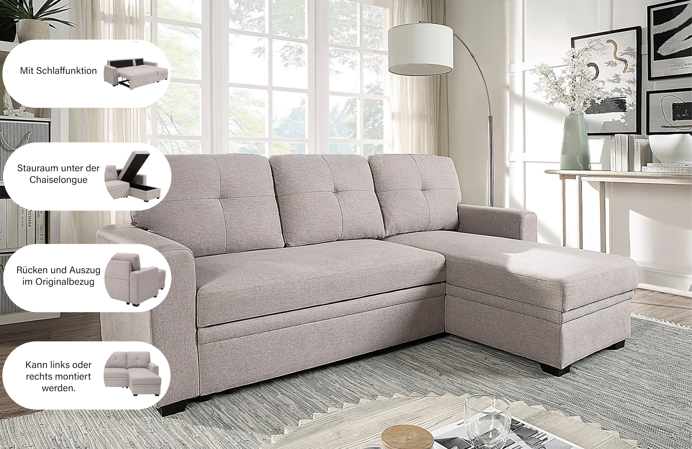 ATLANTIC home collection Ecksofa »Gerrit L-Form, B: 216 cm« mit Bettfunktion & Bettkasten