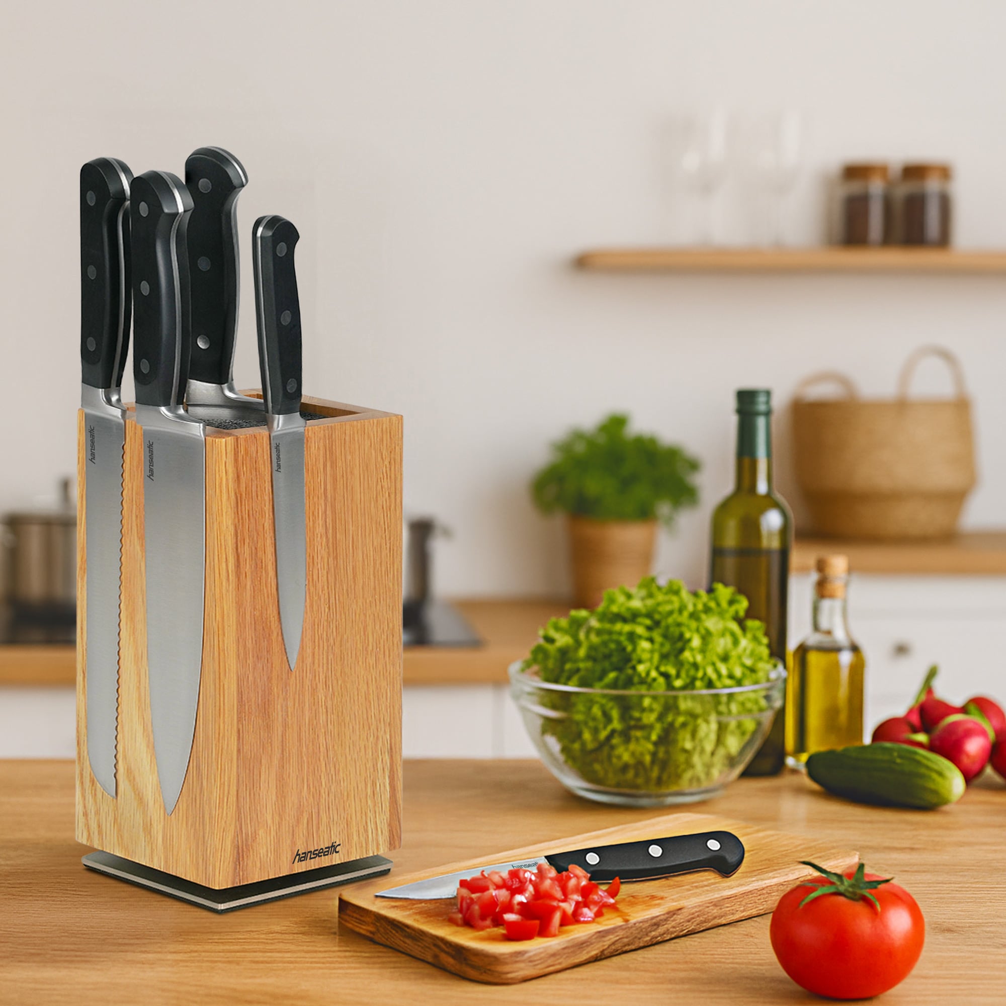 Hanseatic Magnet-Messerblock »hanseatic PREMIUM, aus Eichenholz, Messerblock Set, 6-tlg.« 6 Stk. elegantes Design, herausnehmbarer Borsteneinsatz, 360-Grad-drehbar