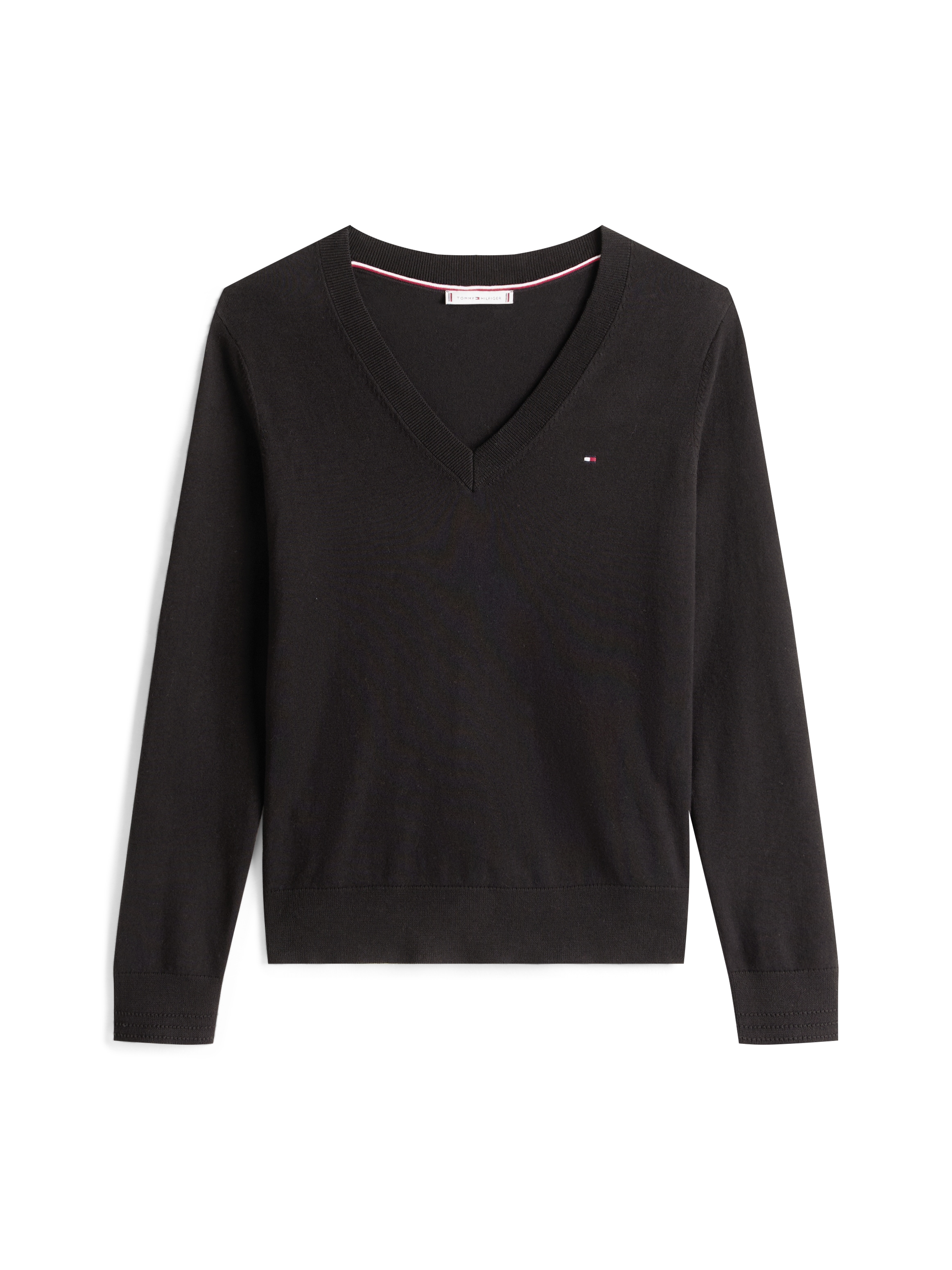 Tommy Hilfiger V-Ausschnitt-Pullover »CO JERSEY STITCH V-NK SWEATER mit V-Ausschnitt und Ripp«, unifarben, casual, regular fit, Baumwollmix, V-Ausschnitt