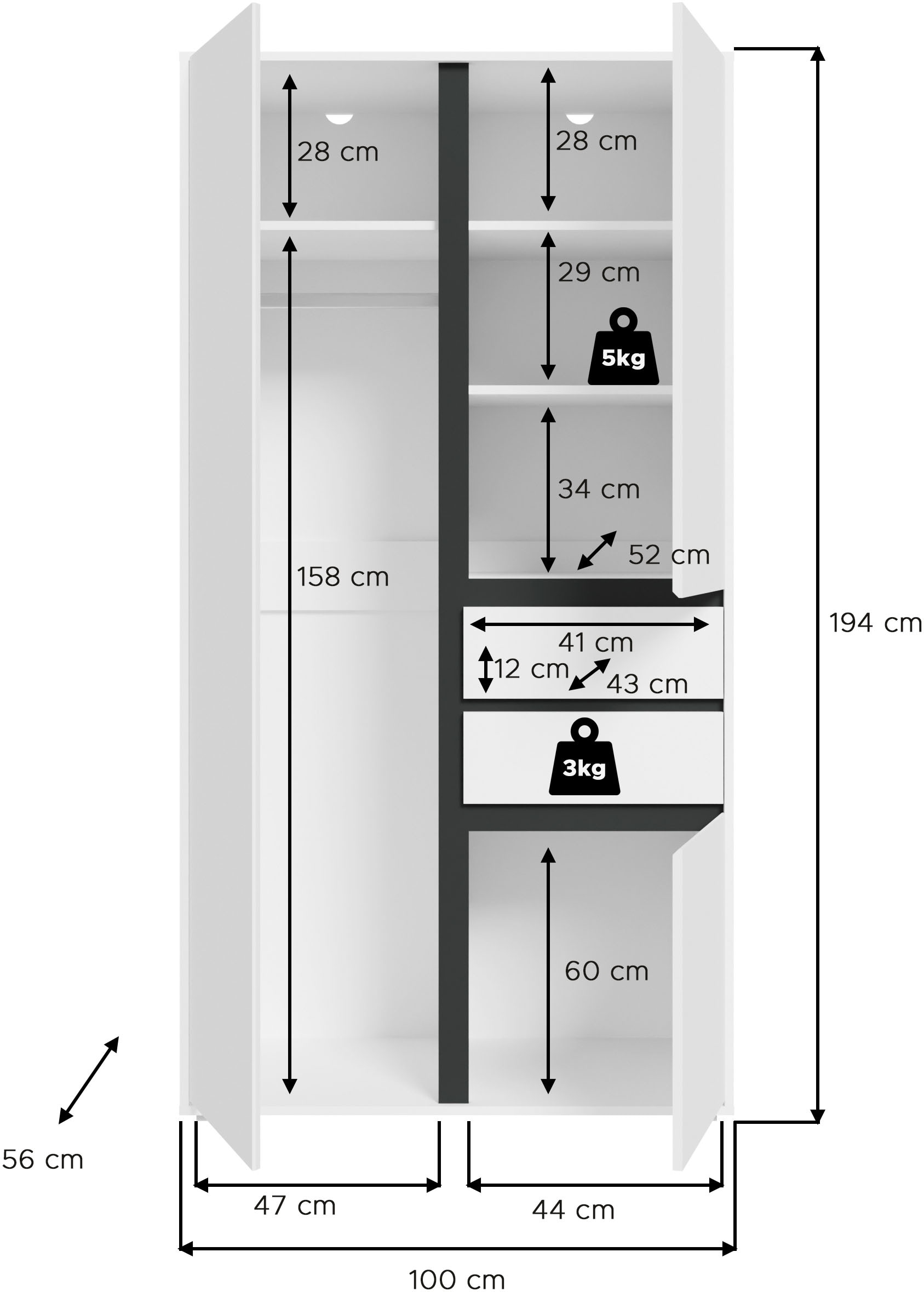Home affaire Kleiderschrank »NULA, Schlafzimmerschrank, Garderobe, Schrank« in verschiedenen Ausführungen und Farben erhältlich, 1 Stk. tlg. 3 Türen, 2 Schubkästen, 1 E-Boden, 5 K-Böden, 1 Kleiderstange