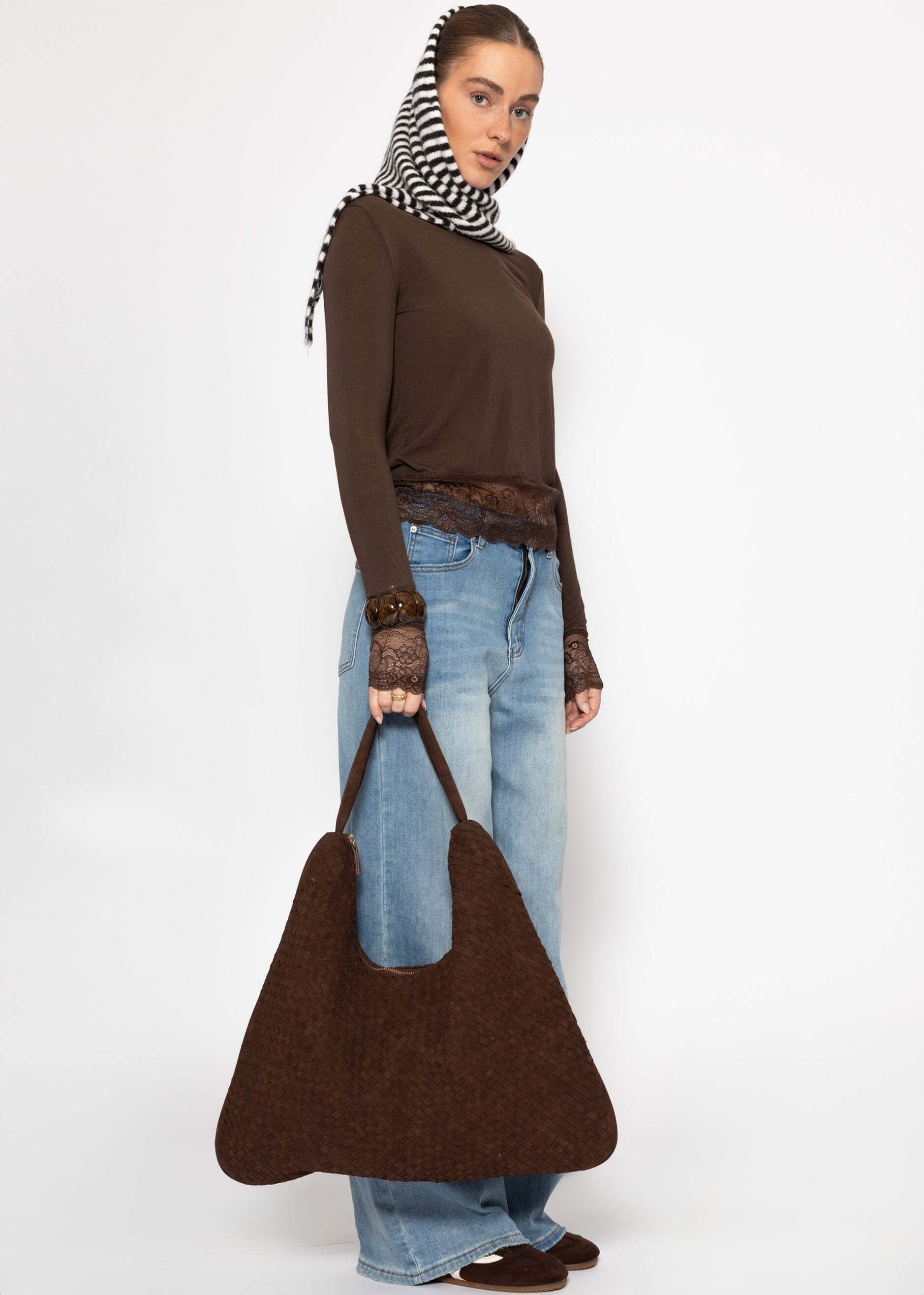 SASSYCLASSY Langarmshirt »Langarmshirt mit Spitze und Kaschmiranteil« Weiches Top mit Kashmiranteil in körpernahem Schnitt Braun