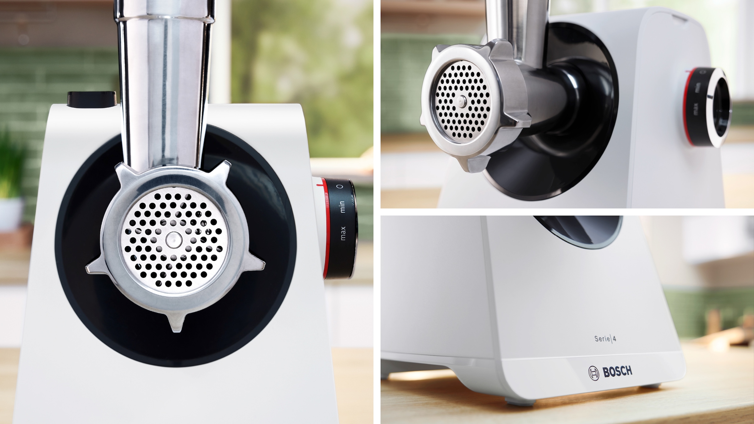 BOSCH Fleischwolf »Serie 4 MFWS420W, 1900 W Blockierlei., 2 Flügel-Messer, 2 Stufen, weiß«, 500 W, Metallkupplung, Wurststopfer, 10 J Motorgarantie, Rücklauffunktion