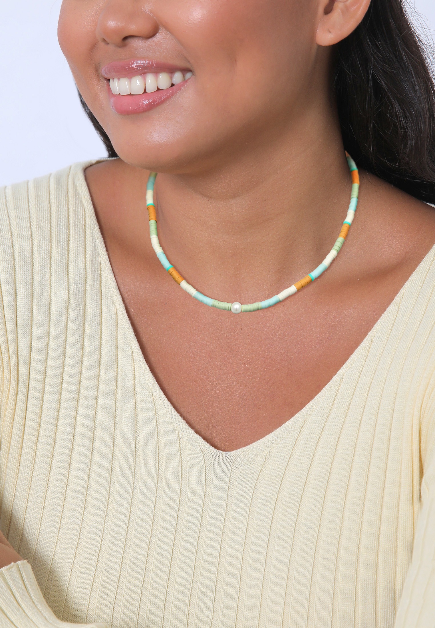 Elli Silberkette »Halskette Heishi Beads Muschelkernperle Surferkette 925 Silber«