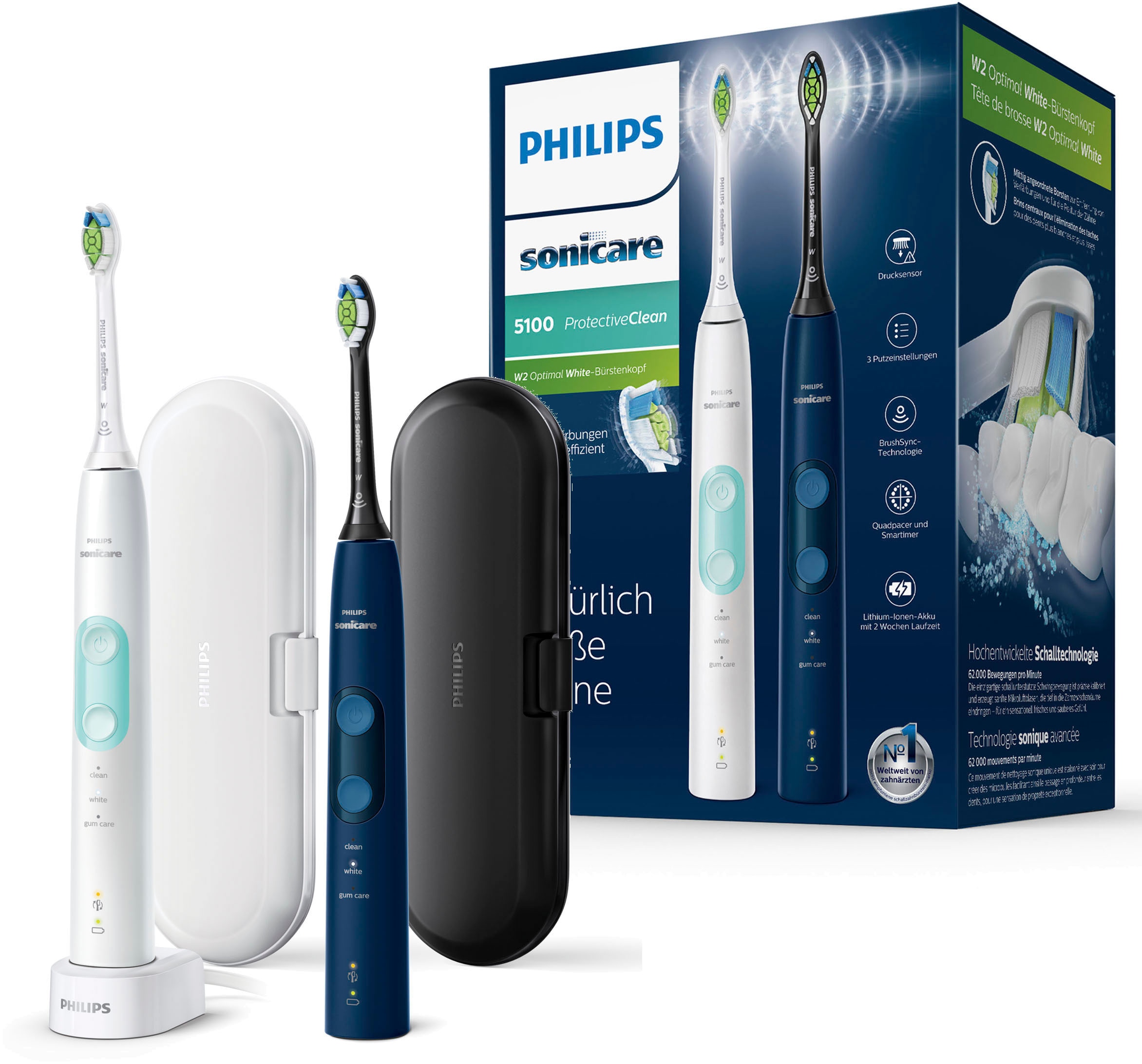 Philips Sonicare Elektrische Zahnbürste »ProtectiveClean 5100 HX6851/34«, 2 St. Aufsteckbürsten, mit Schalltechnologie, 3 Putzprogramme, Reiseetui