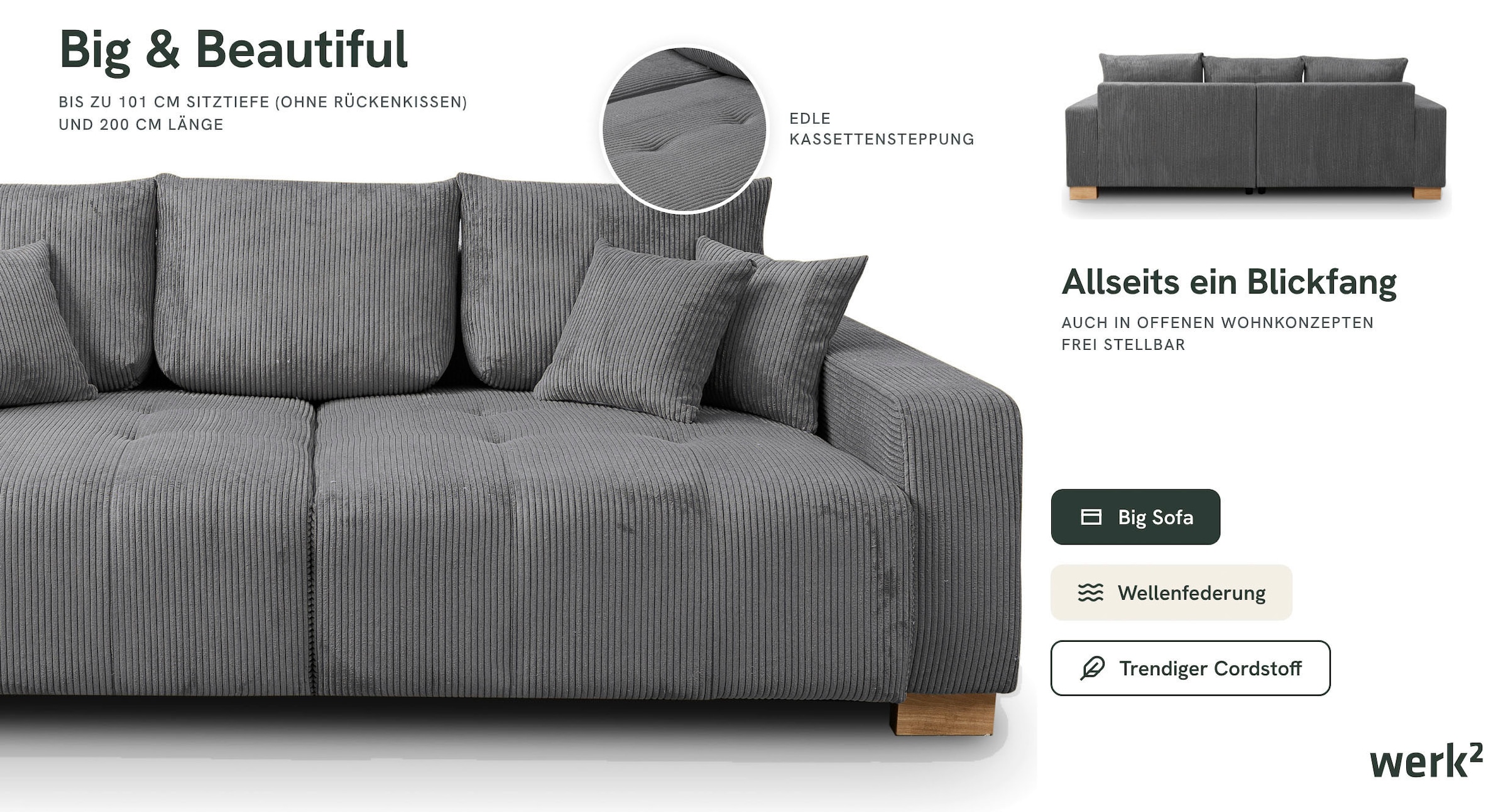 WERK2 Big-Sofa »Rimini Mega-Couch, 4-Sitzer, Cord, XXL Couch mit großer Sitztiefe« Megasofa mit 4 Sitzplätzen, losen Rückenkissen & Zierkissen