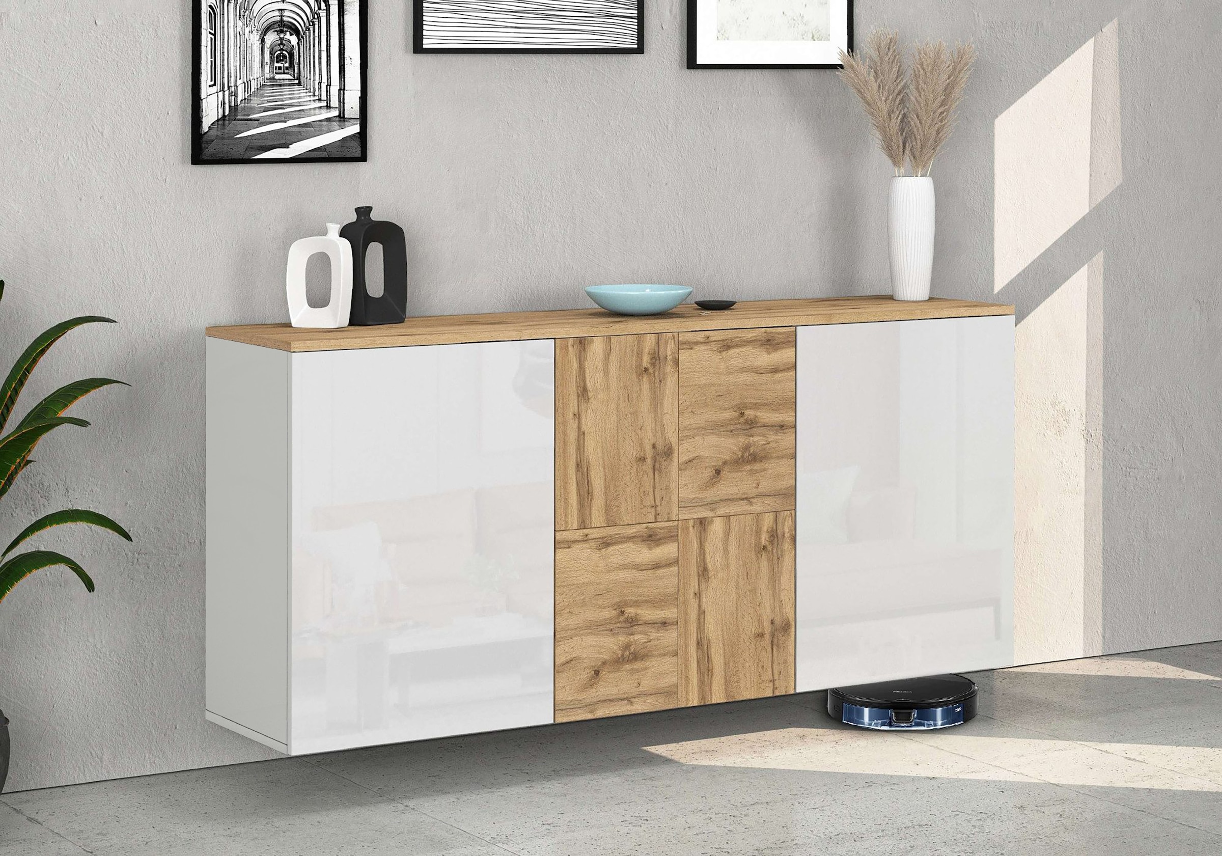 OTTO home Sideboard »ISEO, Kommode, Schrank, Sideboard, Lowboard, 6 Fächer, Breite 150 cm« 1 Stk. tlg. stehend/hängend, 3 Türen Hochglanz lackiert, Made in Italy