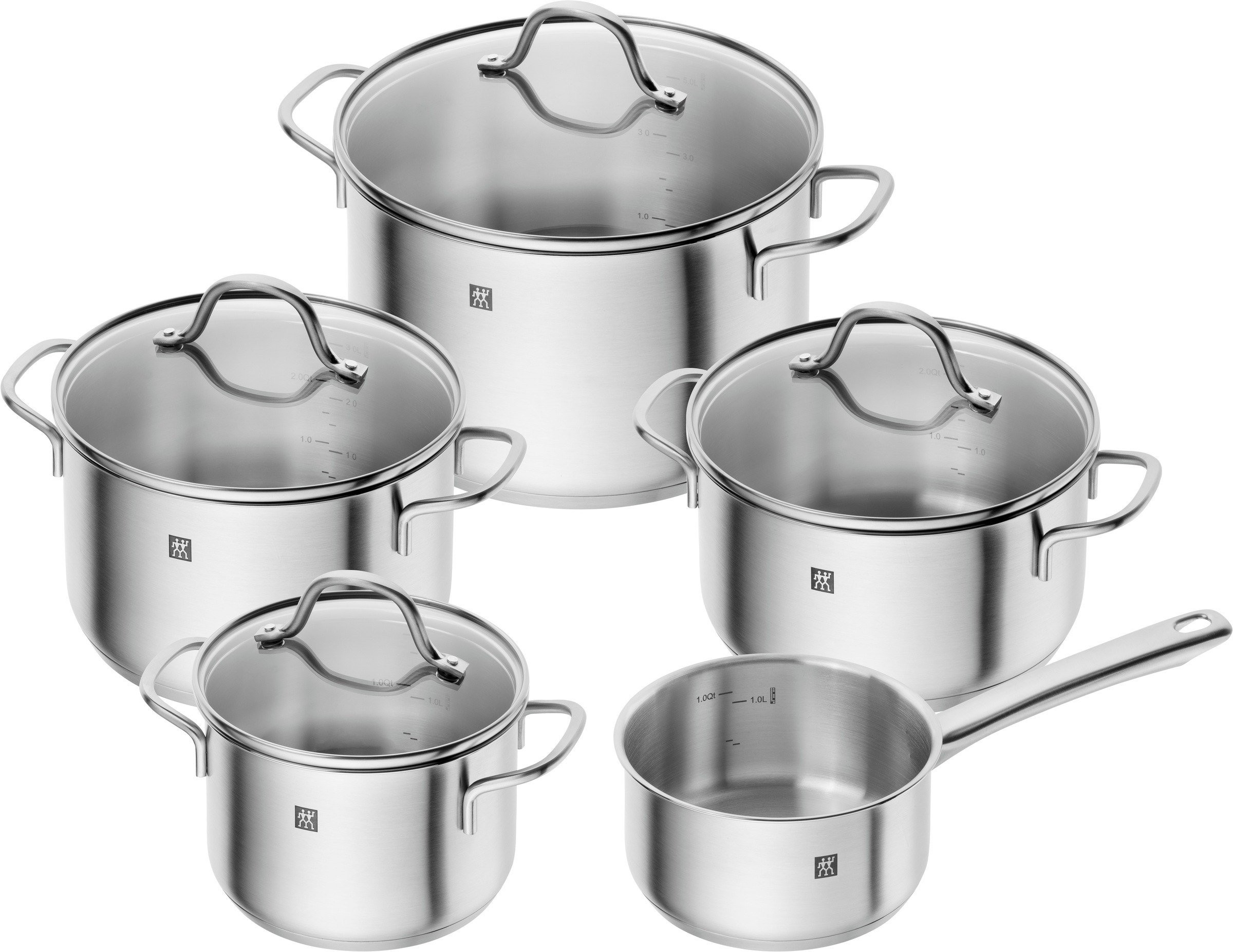 Zwilling Topf-Set »Flow/Twin Grip«, Edelstahl 18/10, (Set, 9 tlg., 1x Stieltopf 16 cm, 1x Bratentopf 20 cm, je 1 Kochtopf 16/20/24 cm), Glasdeckel, Sandwichboden, inkl. 6-tlg. Messer-Set