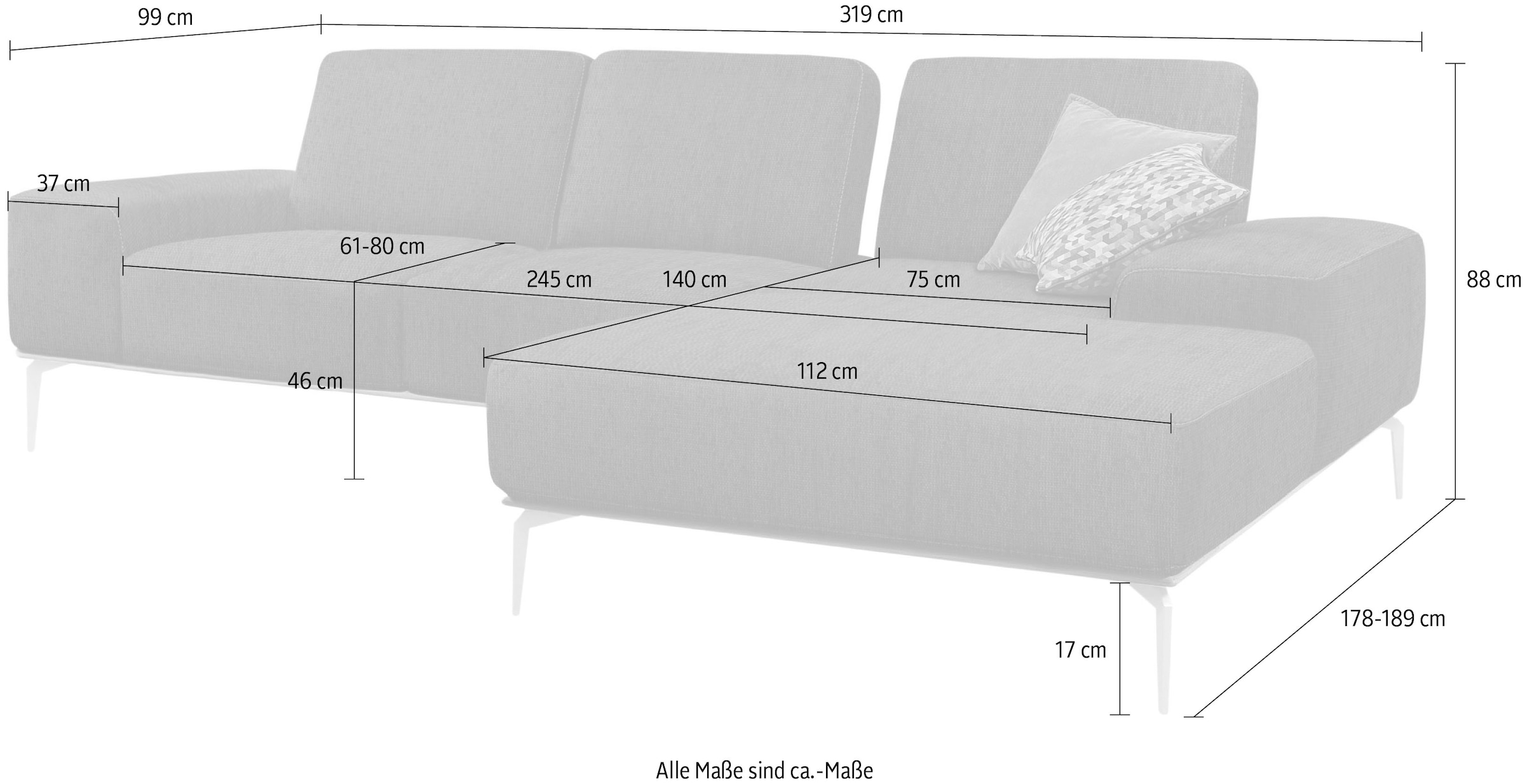 W.SCHILLIG Ecksofa »run, Designsofa mit tollem Sitzkomfort, bequem, L-Form« mit elegantem Holzsockel, Füße in Chrom glänzend, Breite 319 cm