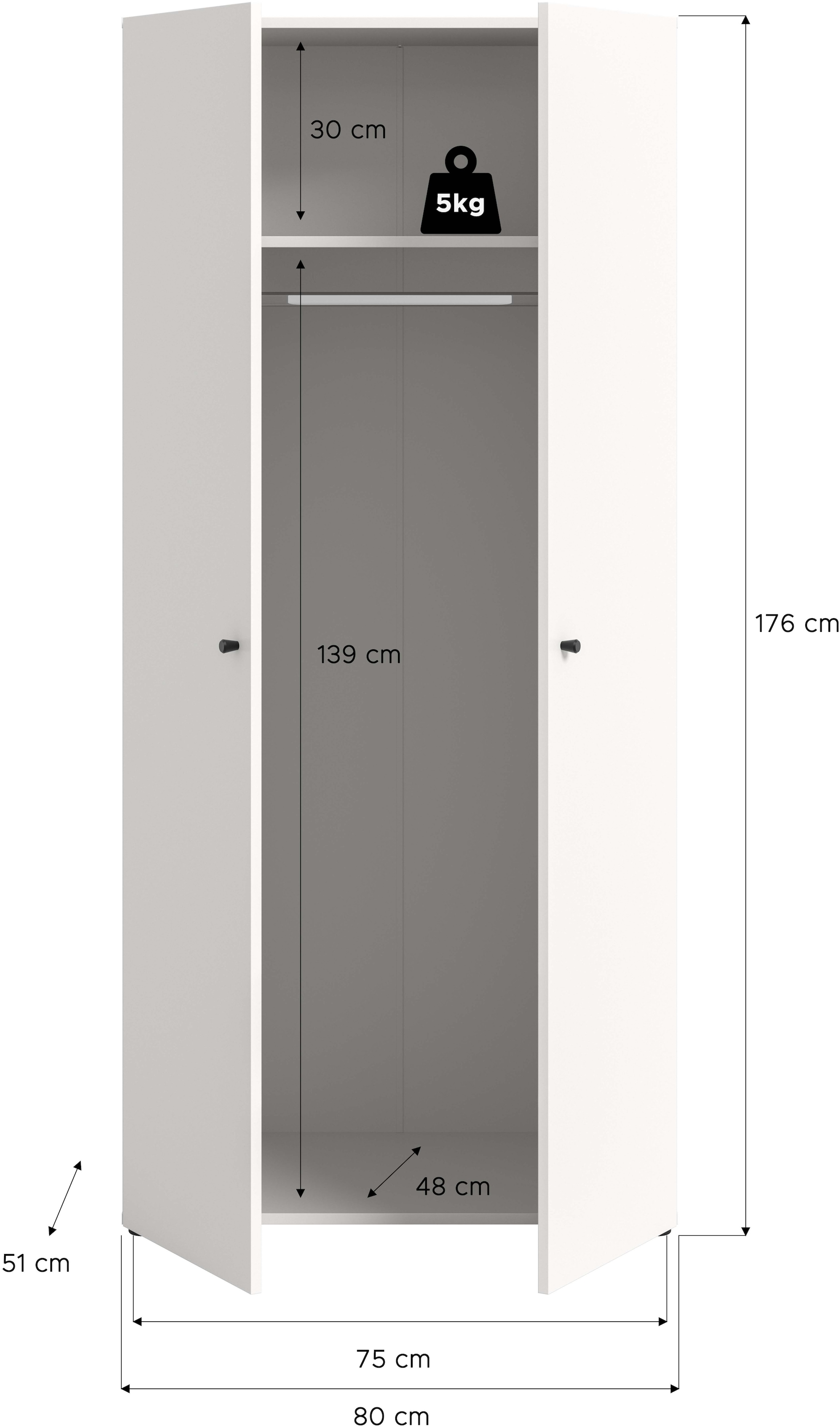 Home affaire Kleiderschrank »BILLINGS, TOPSELLER!, Schlafzimmerschrank, Schrank, Garderobenschrank«, (OTTO BESTSELLER, Garderobe & Schlafzimmer), Breite 80cm, weiß, 2-türig, inkl. 1 Kleiderstange und 1 Ablageboden