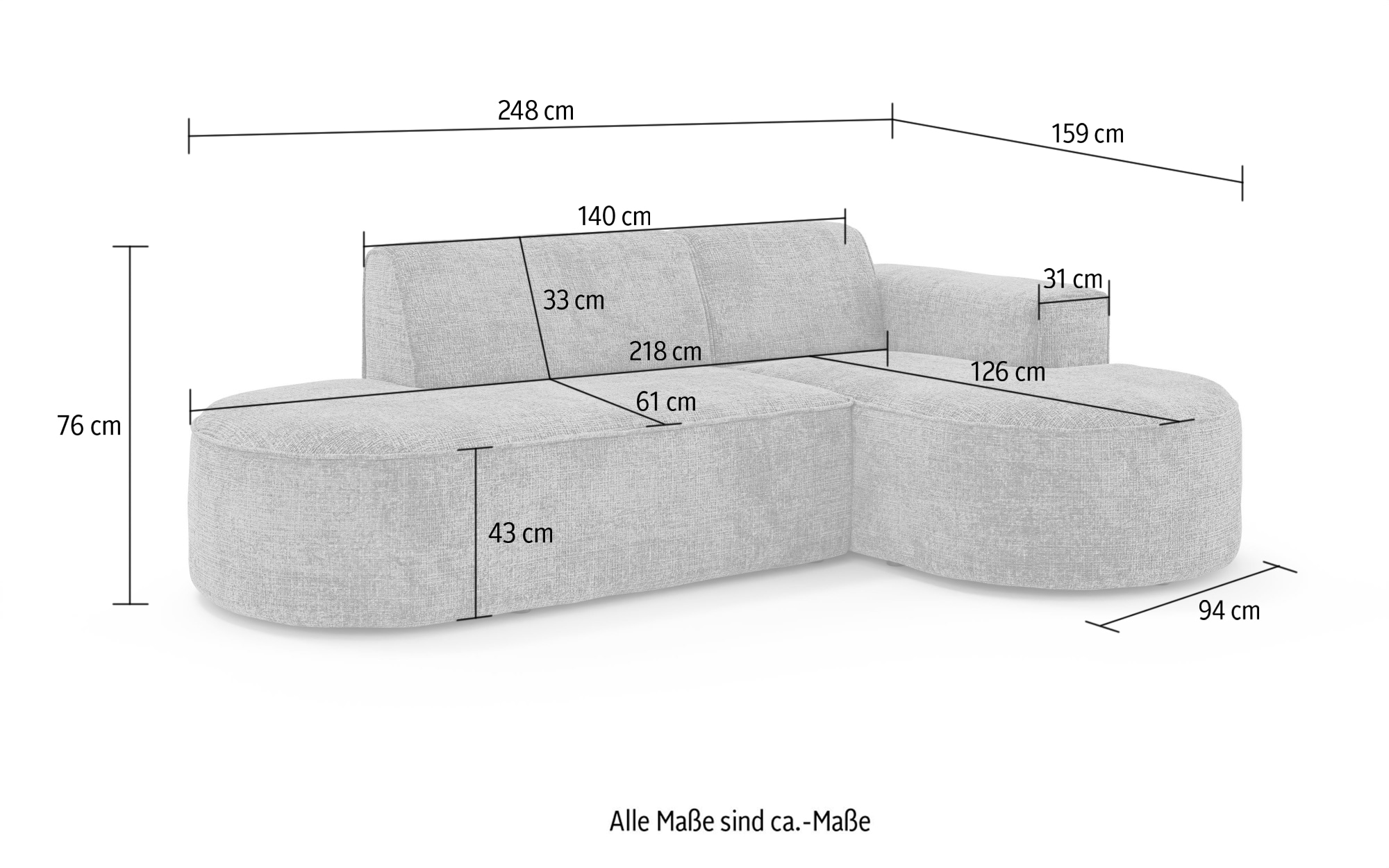 OTTO home Ecksofa »ADELLA Design-Sofa mit Recamiere rechts/links, 248/159/76 cm«, L-Form mit Wellenunterfederung, runde Form, auch in Cord