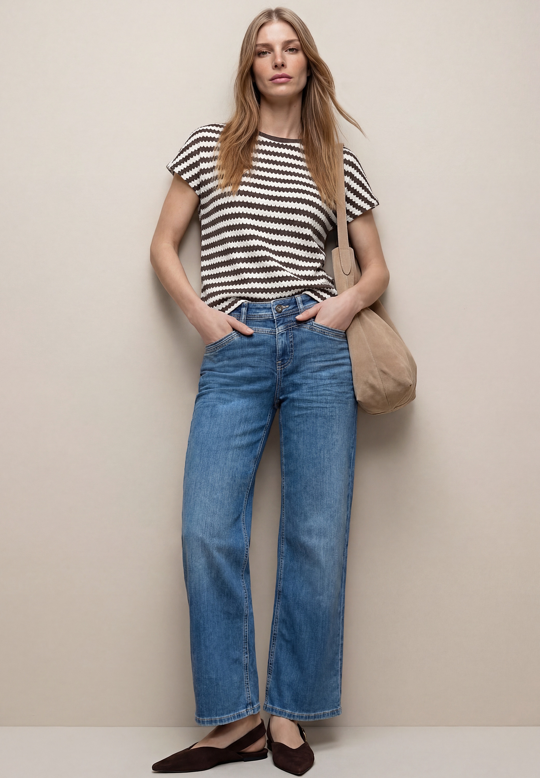 STREET ONE Rundhalsshirt »Style Cris« Sommershirt mit Streifen und im Strick-Look