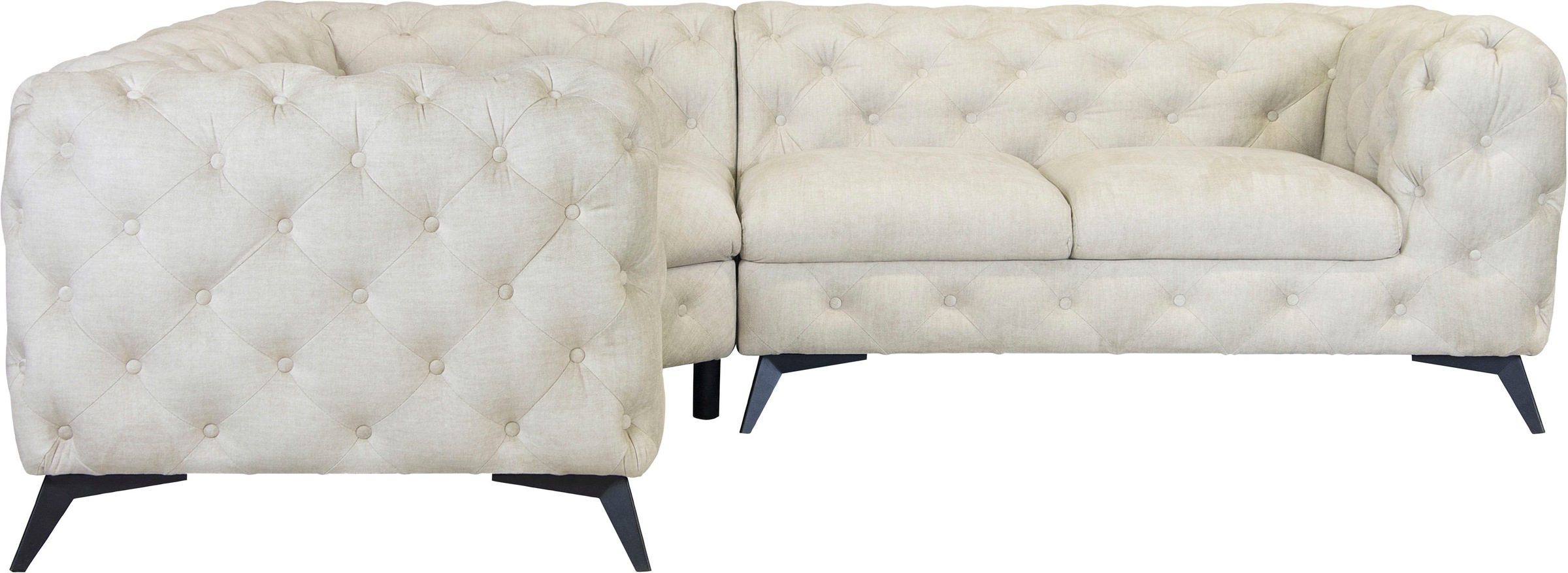 Leonique Chesterfield-Sofa »Ecksofa GLYNIS L-Form mit Wellenunterfederung, Maße B/T/H 264/264/75cm«, aufwändige Knopfheftung, moderne Chesterfield Optik, Fußfarbe wählbar