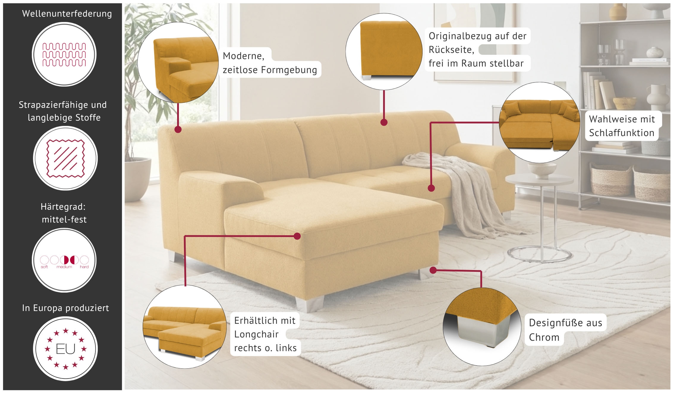 OTTO home Ecksofa »Lolland 241 x 146 cm, modern, mit Steppungen, mittelfester Sitz« L-Form, aus pflegeleichtem, weichem Luxus-Microfaser