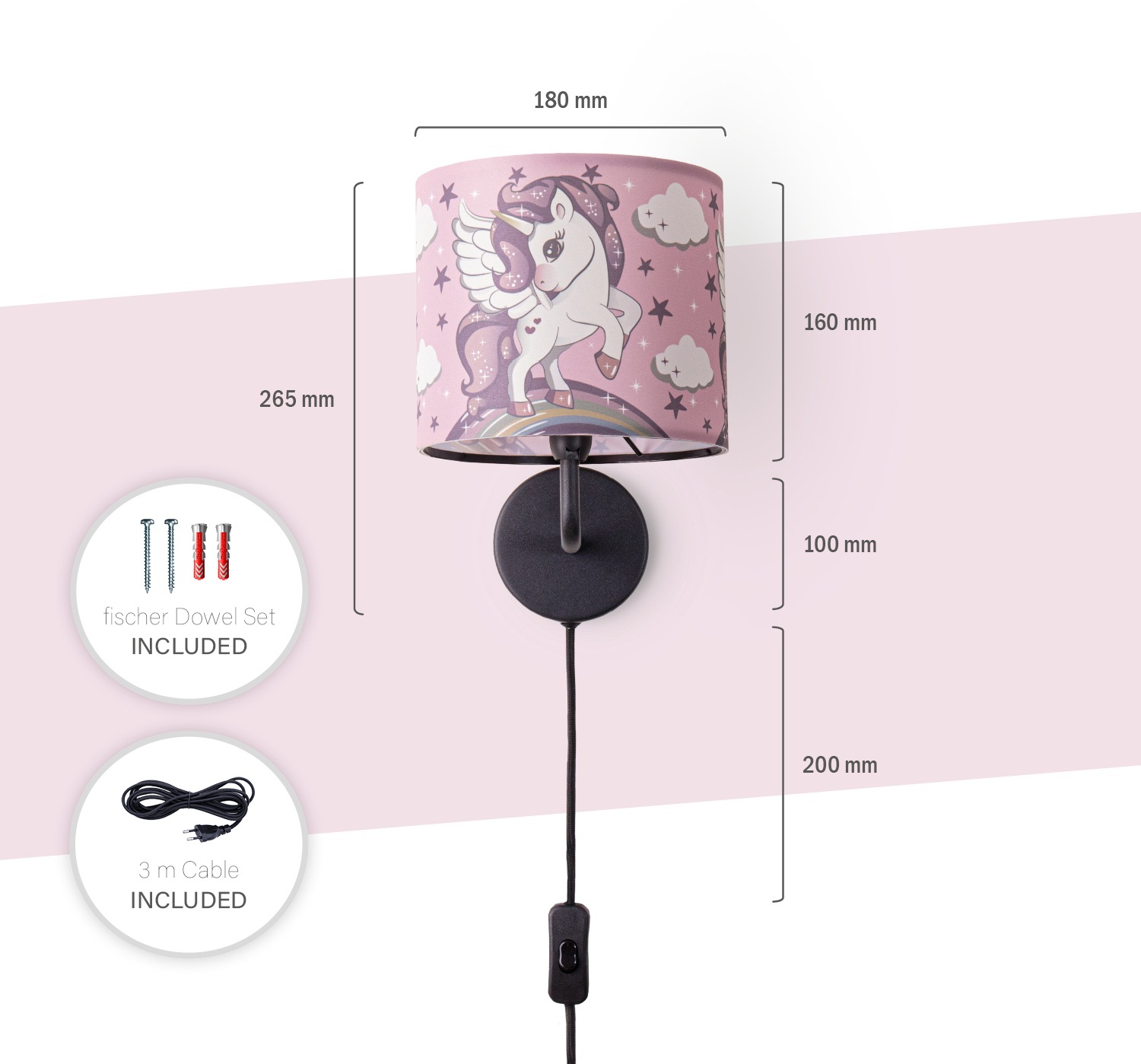 Paco Home Wandleuchte »Cosmo 213«, 1 flammig, Leuchtmittel E14 | ohne Leuchtmittel, Kinderlampe Mit âˆ…18cm Einhorn Regenbogen Kabellänge 3m E14