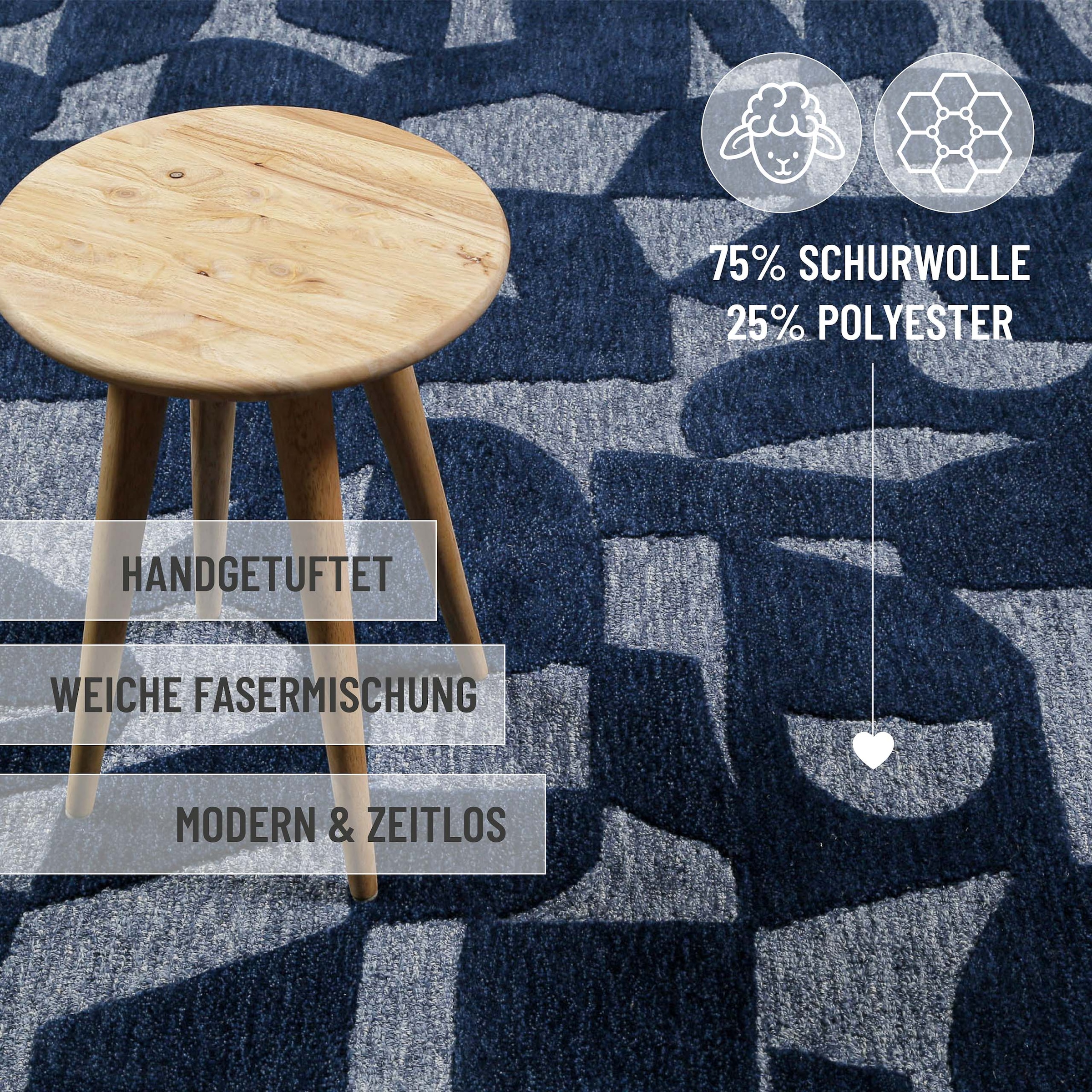 Wecon home Teppich »Ocean State« rechteckig 10 mm Höhe handgefertigt, gemustert, pflegeleicht, Wolle, Wohnzimmer, Esszimmer