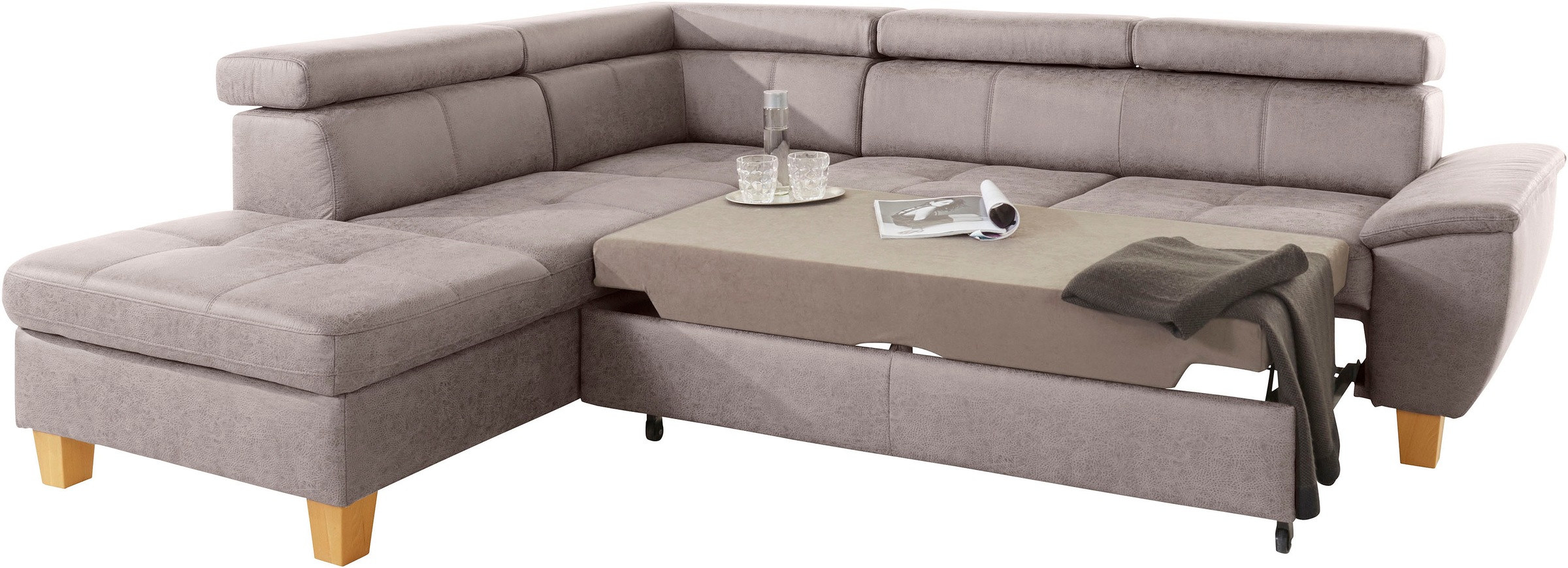 exxpo - sofa fashion Ecksofa »Enya, aufwendige Detailverarbeitung, hoher Sitzkomfort, bequem, L-Form«, mit Kopfteilverstellung, wahlweise Bettfunktion u. Bettkasten