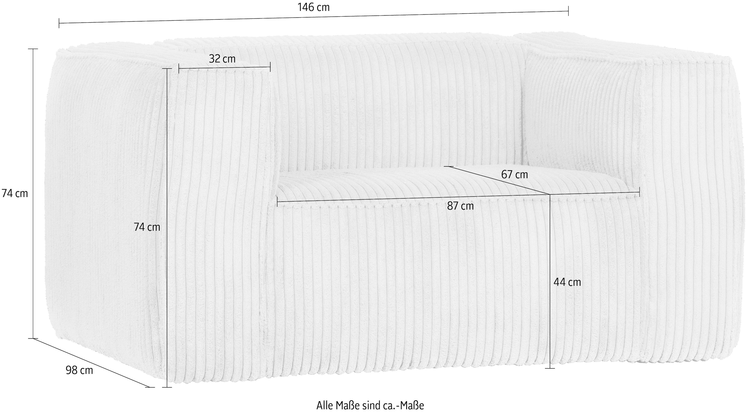 WOOOD Loungesessel »Bean mit Split-Rippenbezug und Armlehnen B 146 x T 98 x H 74 cm« Hohe Verschleißfestigkeit, Teflon-Imprägnierung, Tragkraft 100 kg