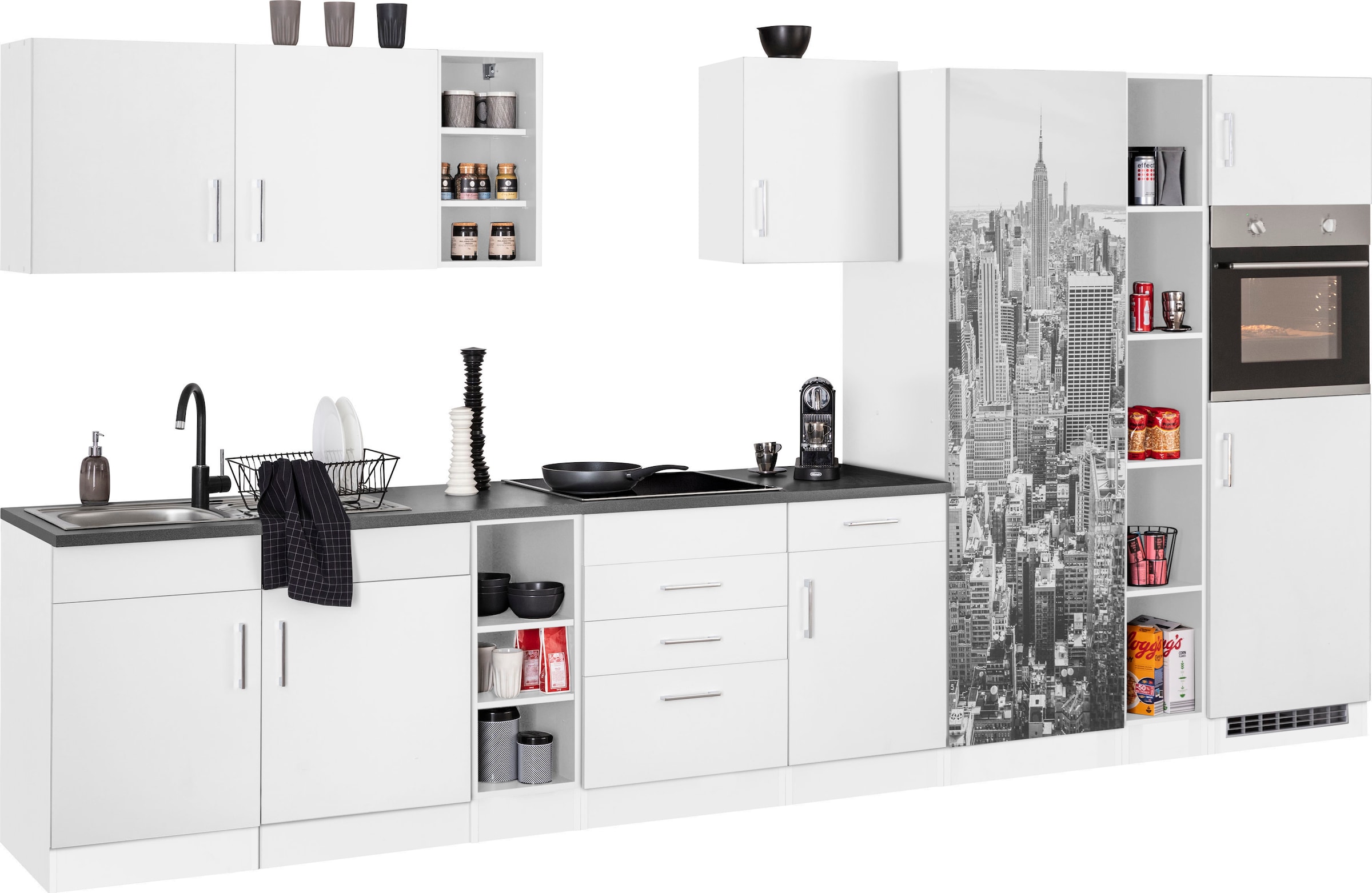 KOCHSTATION Küchenzeile »KS-Paris – Küchen mit einzigartigen Fotomotiven auf den Fronten« Breite 390 cm, wahlweise mit E-Geräten und Induktion