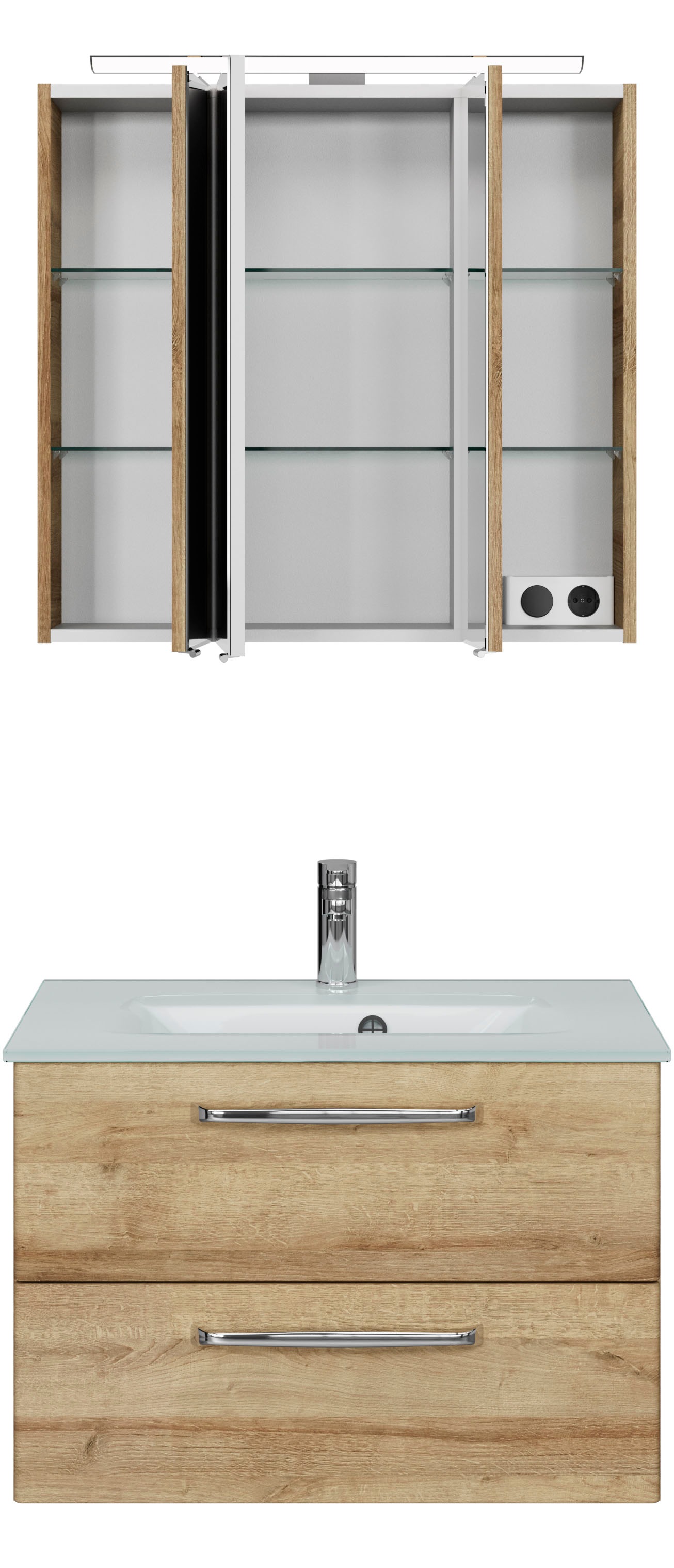 Saphir Badmöbel-Set »Trentino 2-teilig Glas-Waschtisch, Spiegelschrank mit LED-Leuchte«, (3 St.), Badmöbel-Set 77cm breit, inkl. Türdämpfer, 3 Türen, 2 Auszügen