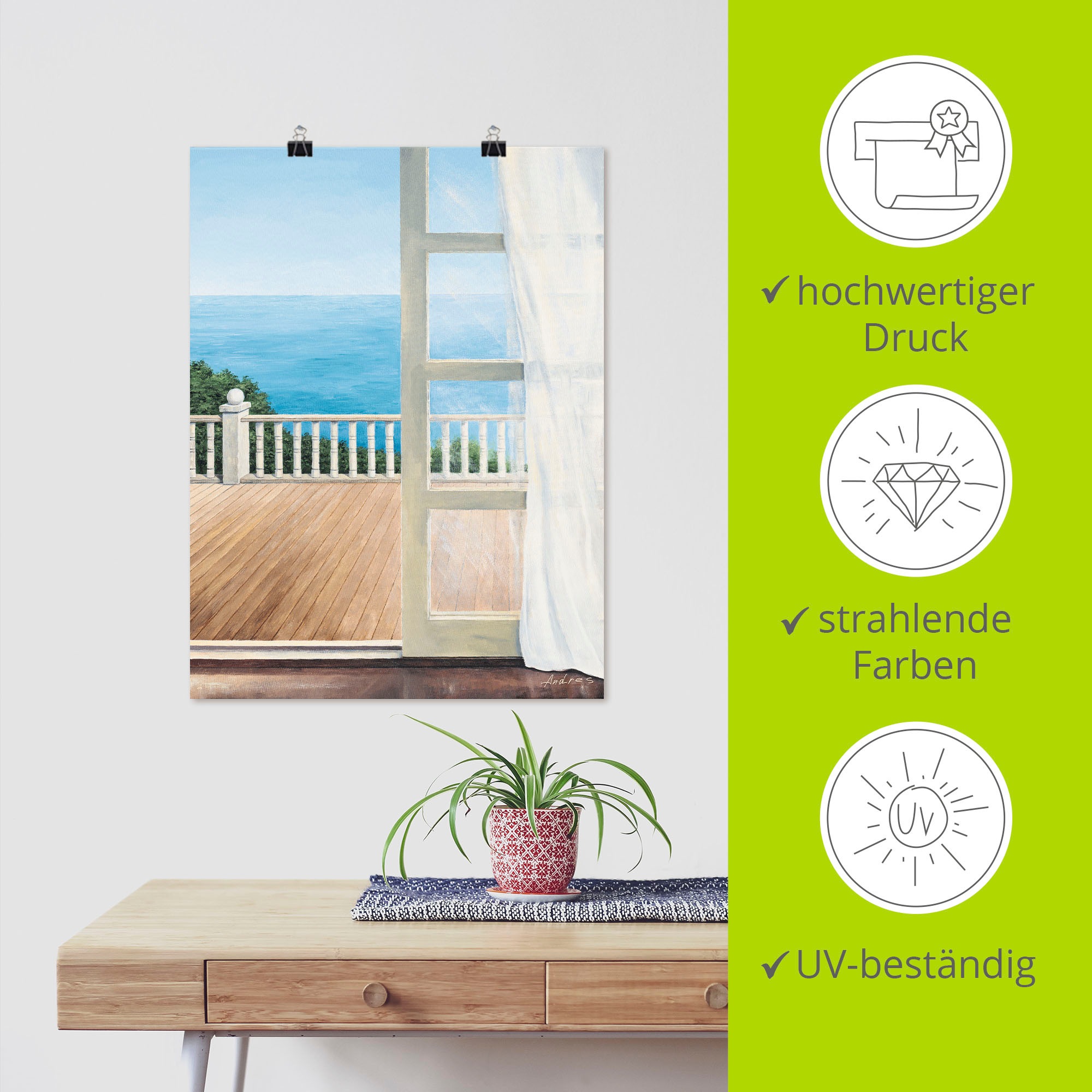 Artland Poster »Veranda mit Meerblick«, Fensterblick, (1 St.), auf Keilrahmen gespannt