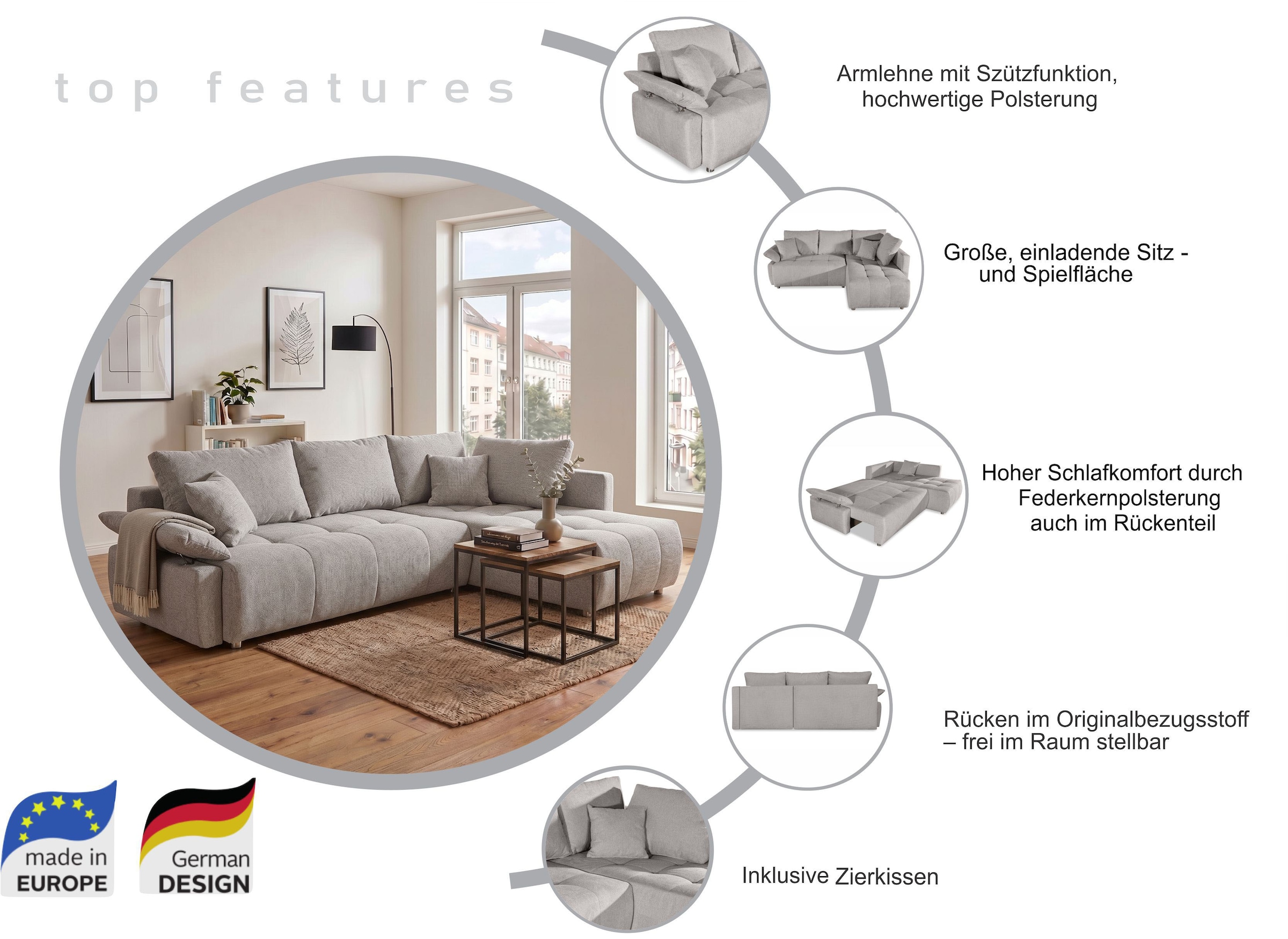 COLLECTION AB Ecksofa »Funtastic, Breite 213 cm« mit Schlaffunktion, Bettkasten, Armverstellung und Bonnelfederkern