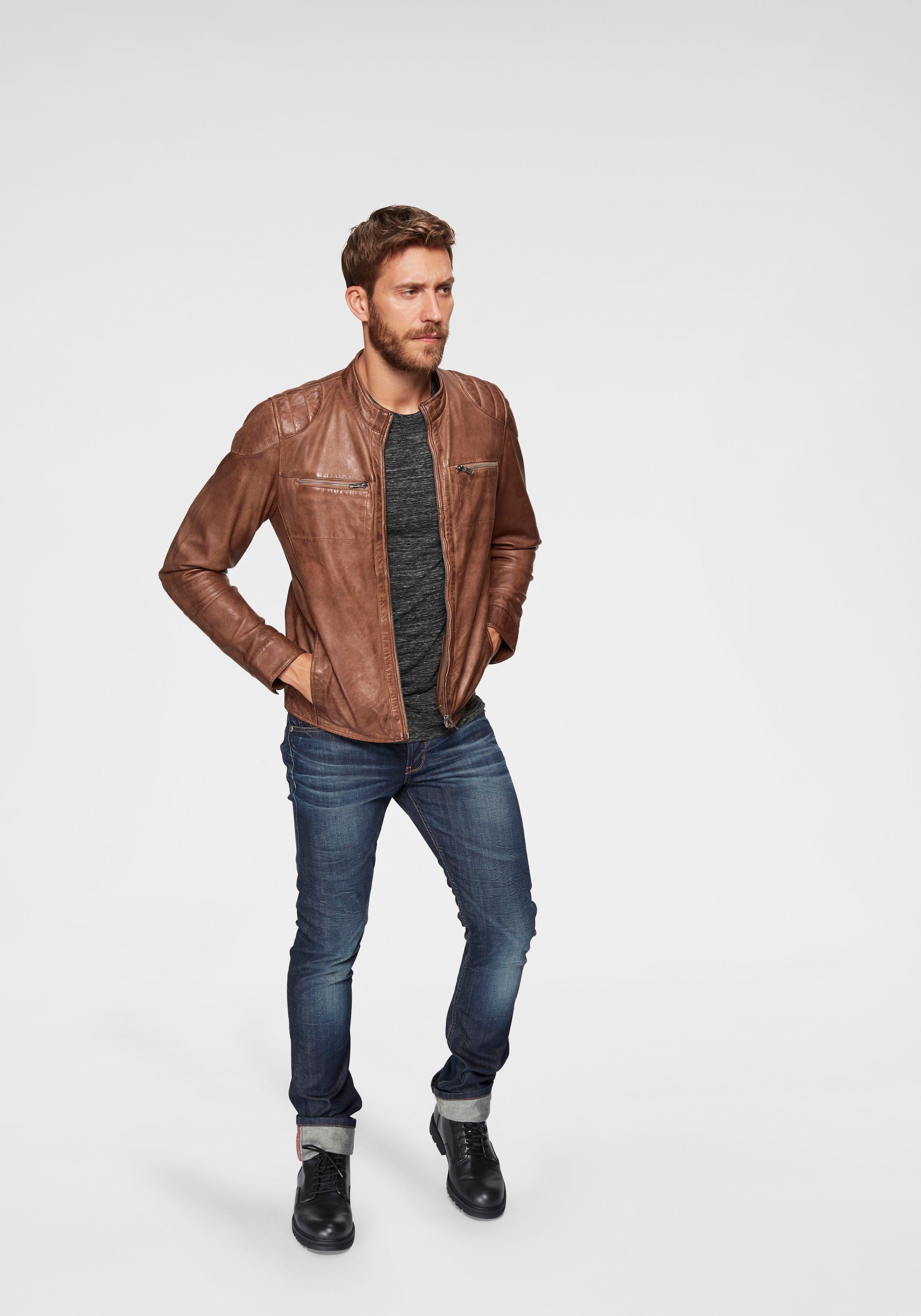 Bruno Banani Lederjacke »Flint«, aus Lammnappaleder, taillierter Schnitt, Bikerkragen, Used-Optik