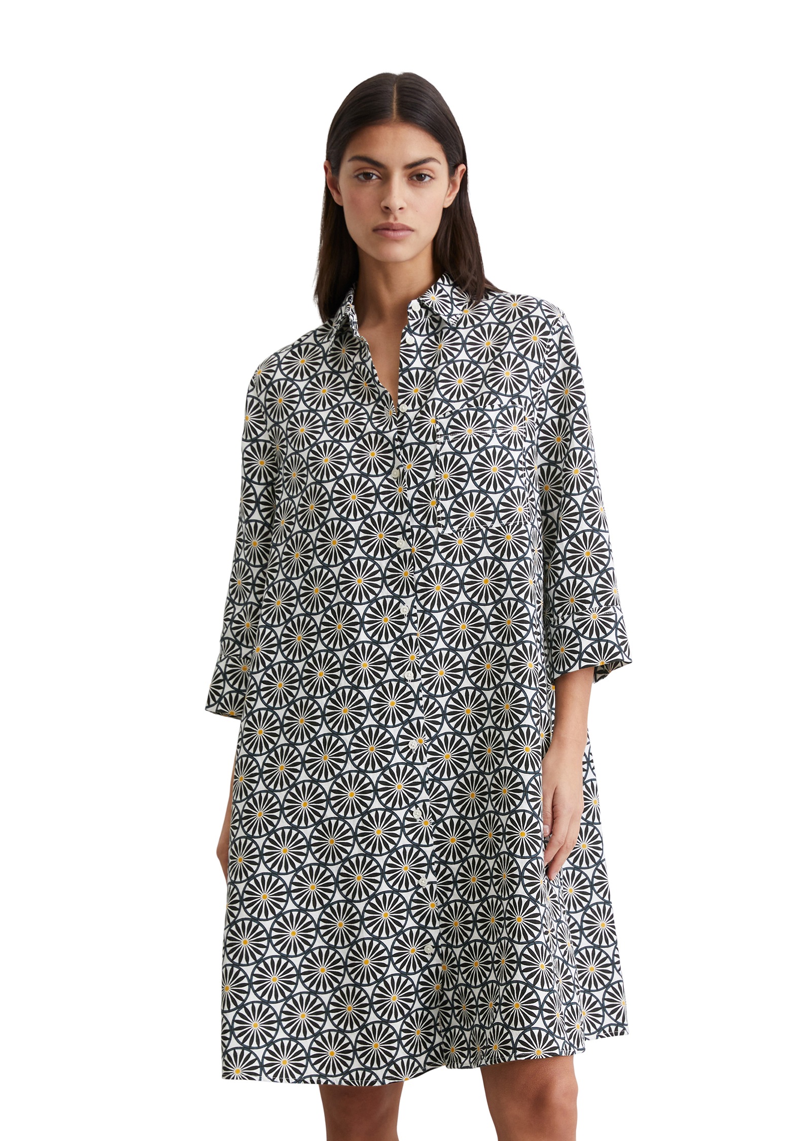 Marc O'polo Damen Hemdblusenkleid Brusttasche Seitennahttaschen mit Printmuster in weiß, Größe 32