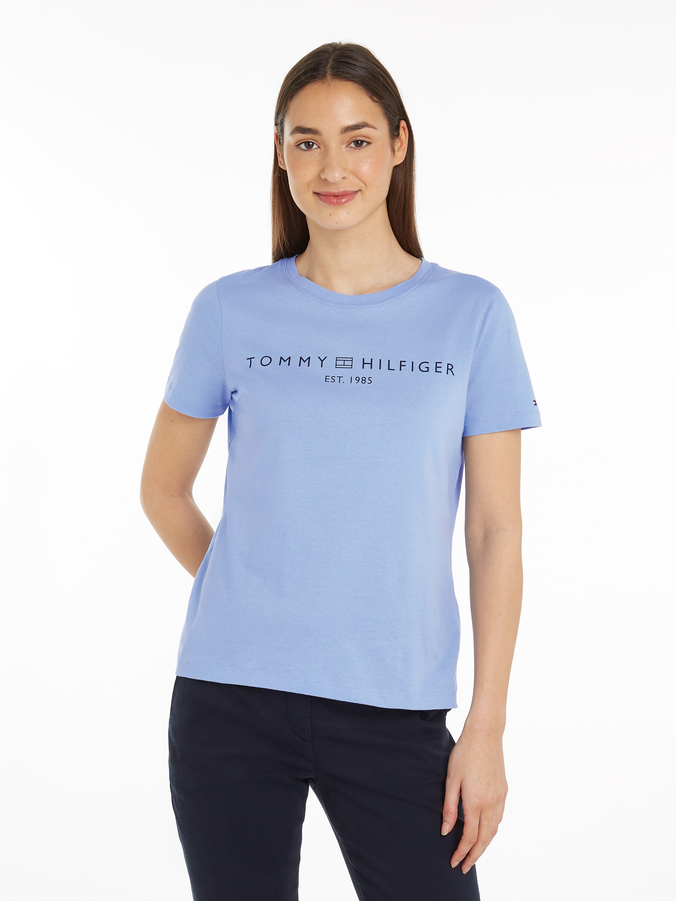 Tommy Hilfiger T-Shirt »REG CORP LOGO C-NK mit Logoschriftzug und Stickerei«, meliert, casual, regular fit, Baumwolle, Rundhals