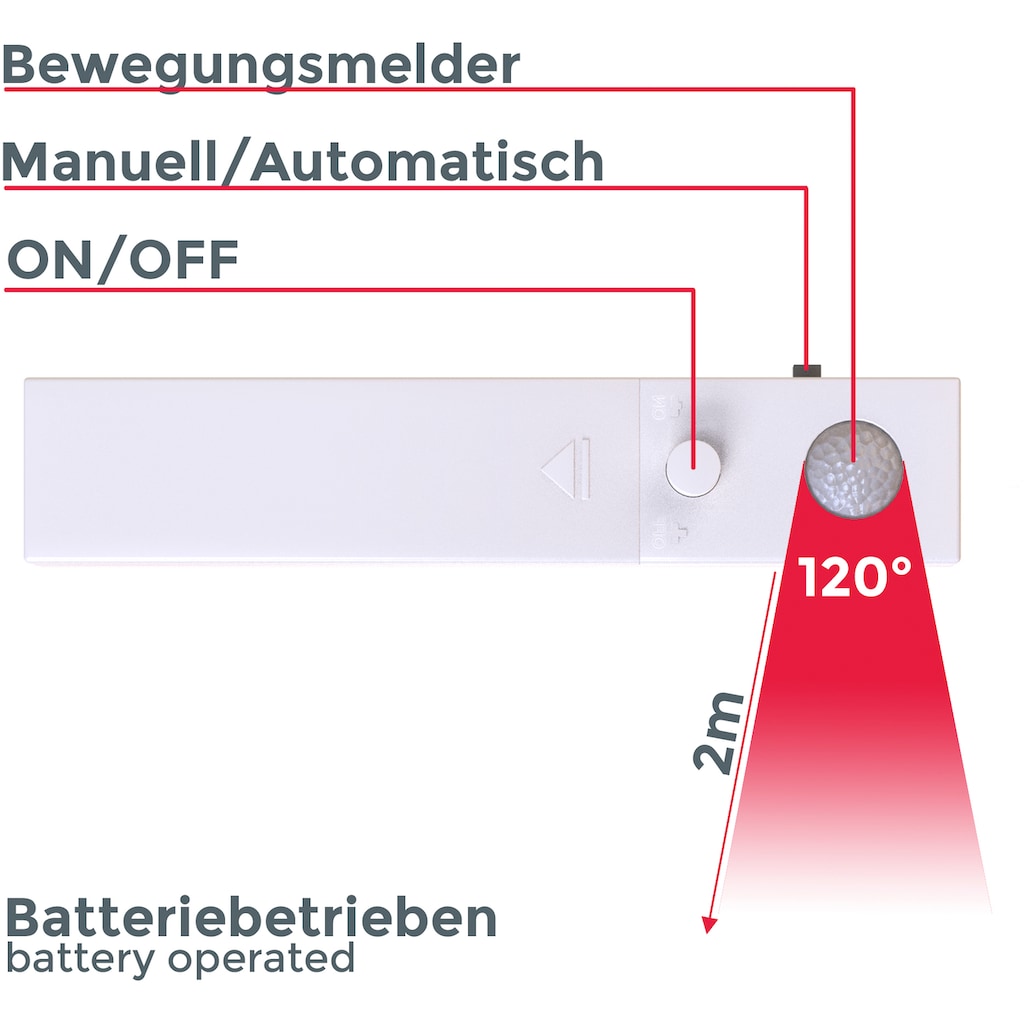 B.K.Licht LED Stripe, LED Band 1 Meter,  30 x LED, 2 Watt, 4.000K,  für 4 x 1,5V Batterien (Lief. ohne Batterien) , inkl. Bewegungsmelder, An/Aus-Funktion, LED Band kürzbar