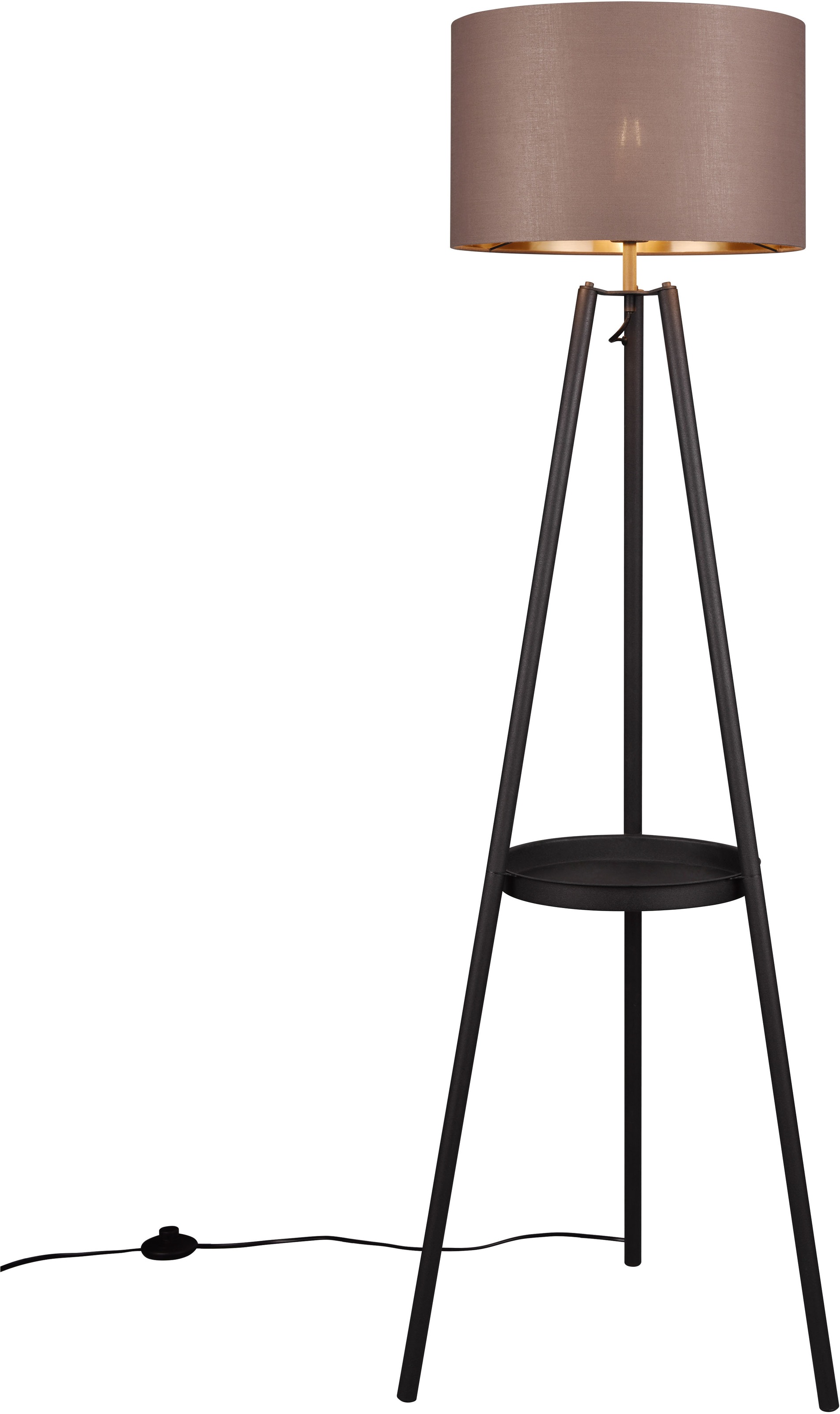 REALITY Leuchten Stehlampe »COLETTE, Stehleuchte Dreibein mit Ablagefläche exkl 1xE27 max 60W«, 1 flammig, Leuchtmittel E27 | Leuchtmittel wechselbar, Stehleuchte Ø 57cm mit Fußschalter moderne Farbkombination innen gold