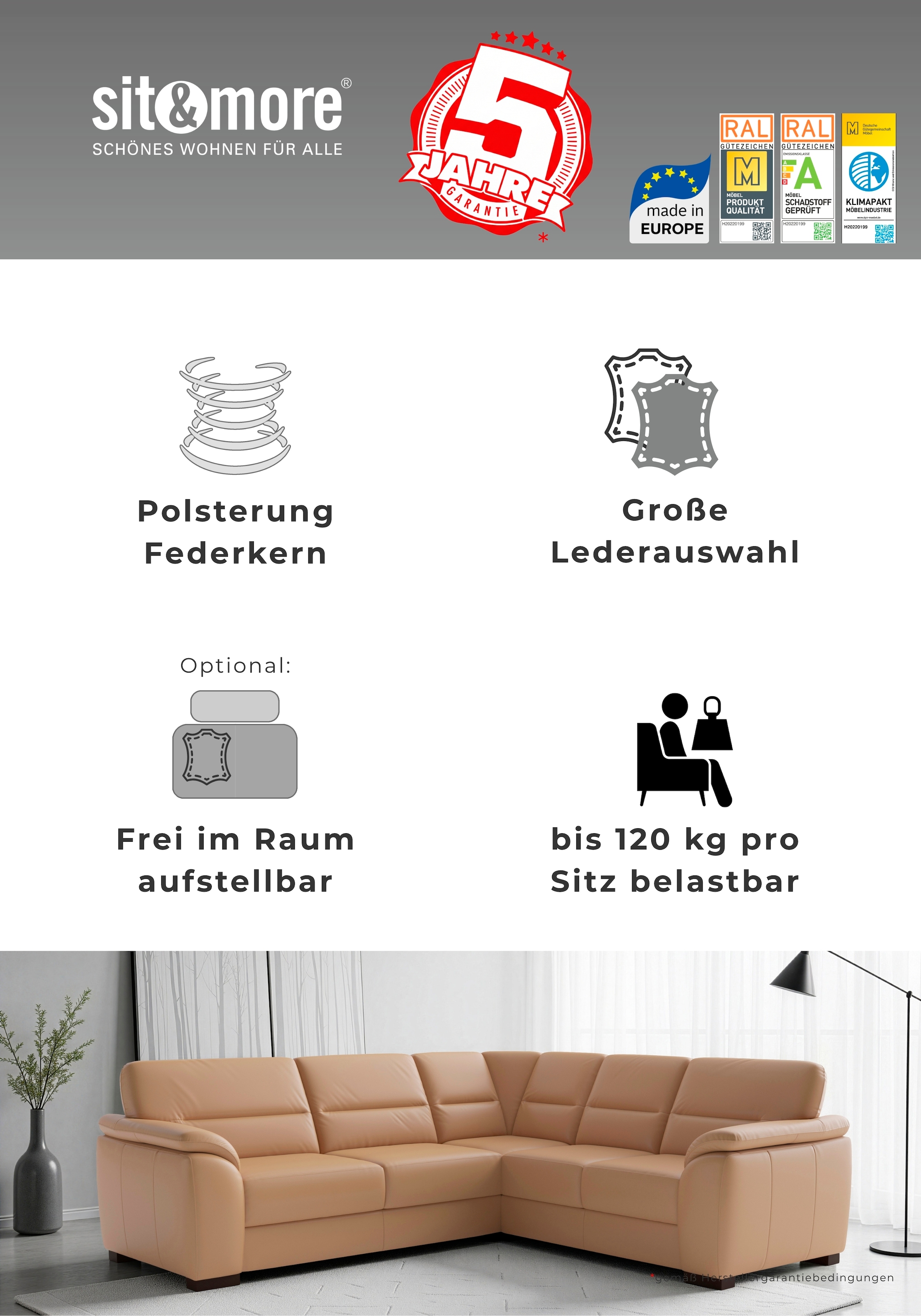 sit&more Ecksofa »Montego Leder, L-Form, B: 255cm« wahlweise mit Schlaffunktion und Schubkasten