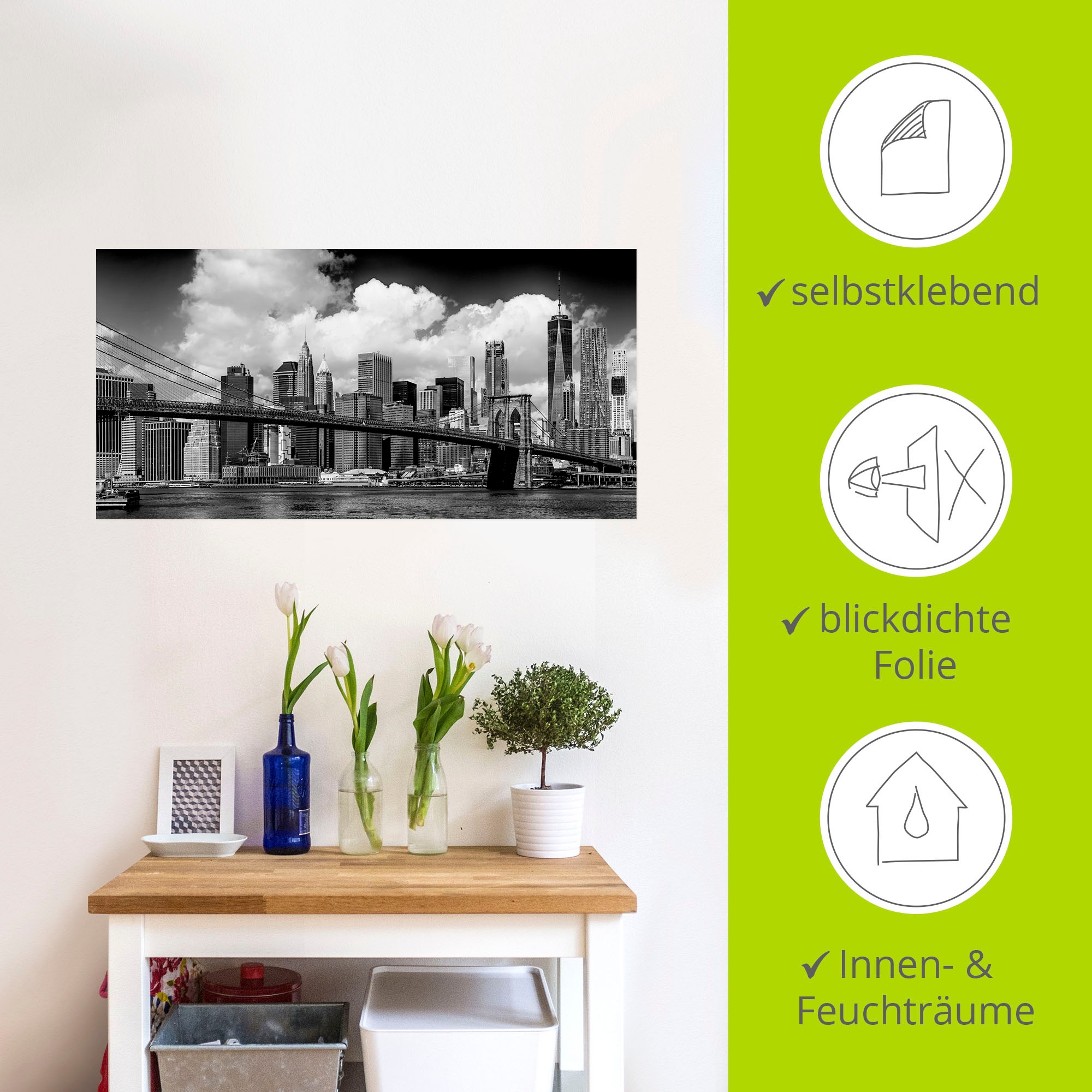 Artland Wandbild »Manhattan Skyline, Brooklyn Bridge«, New York, (1 St.), als Alubild, Outdoorbild, Leinwandbild, Wandaufkleber, versch. Größen