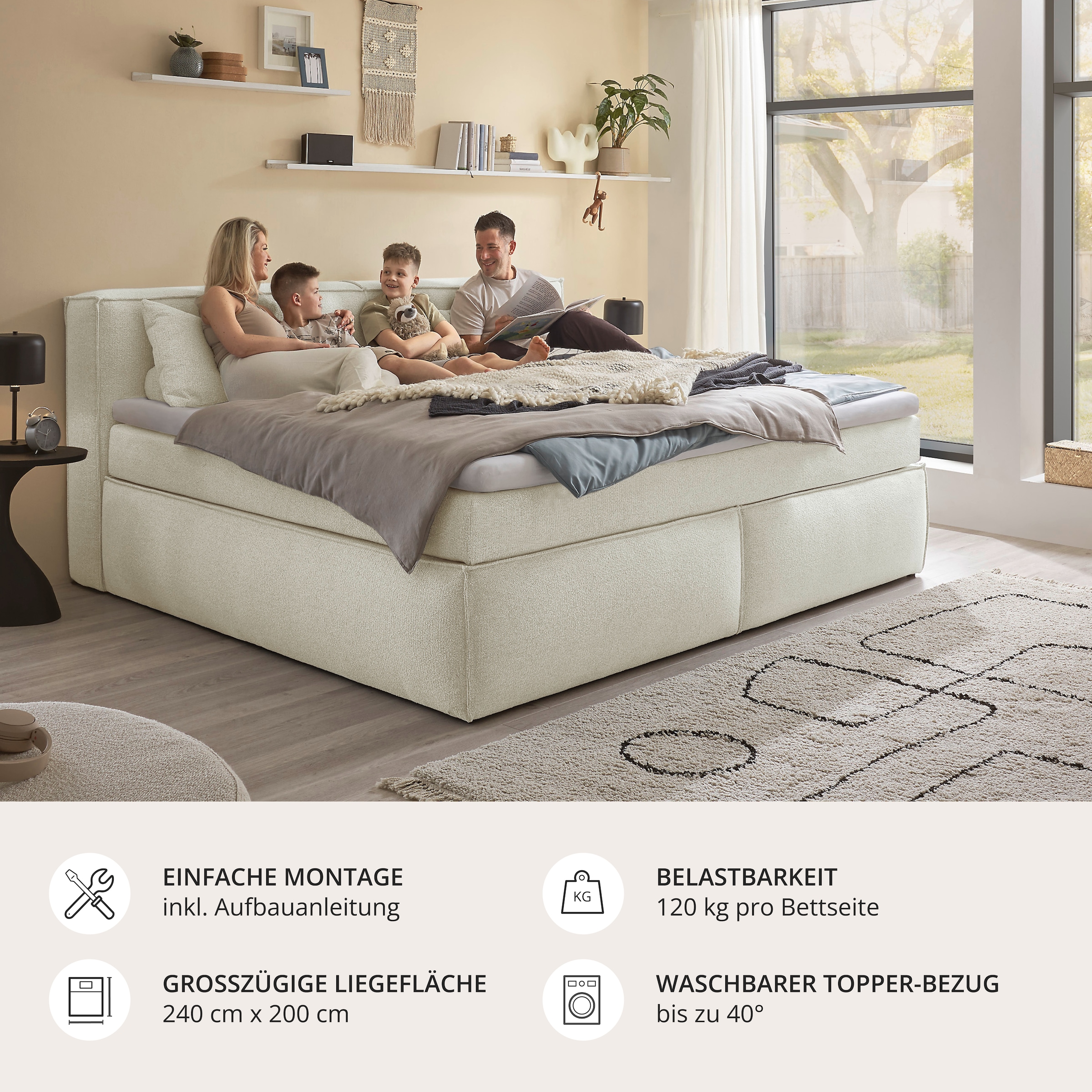 ED EXCITING DESIGN Boxspringbett »Sandon erhältlich in 180cm oder als Familienbett 240cm Breite« 7-Zonen-Federkern H3/H4 mit Kokosmatte und Topper (waschbar)
