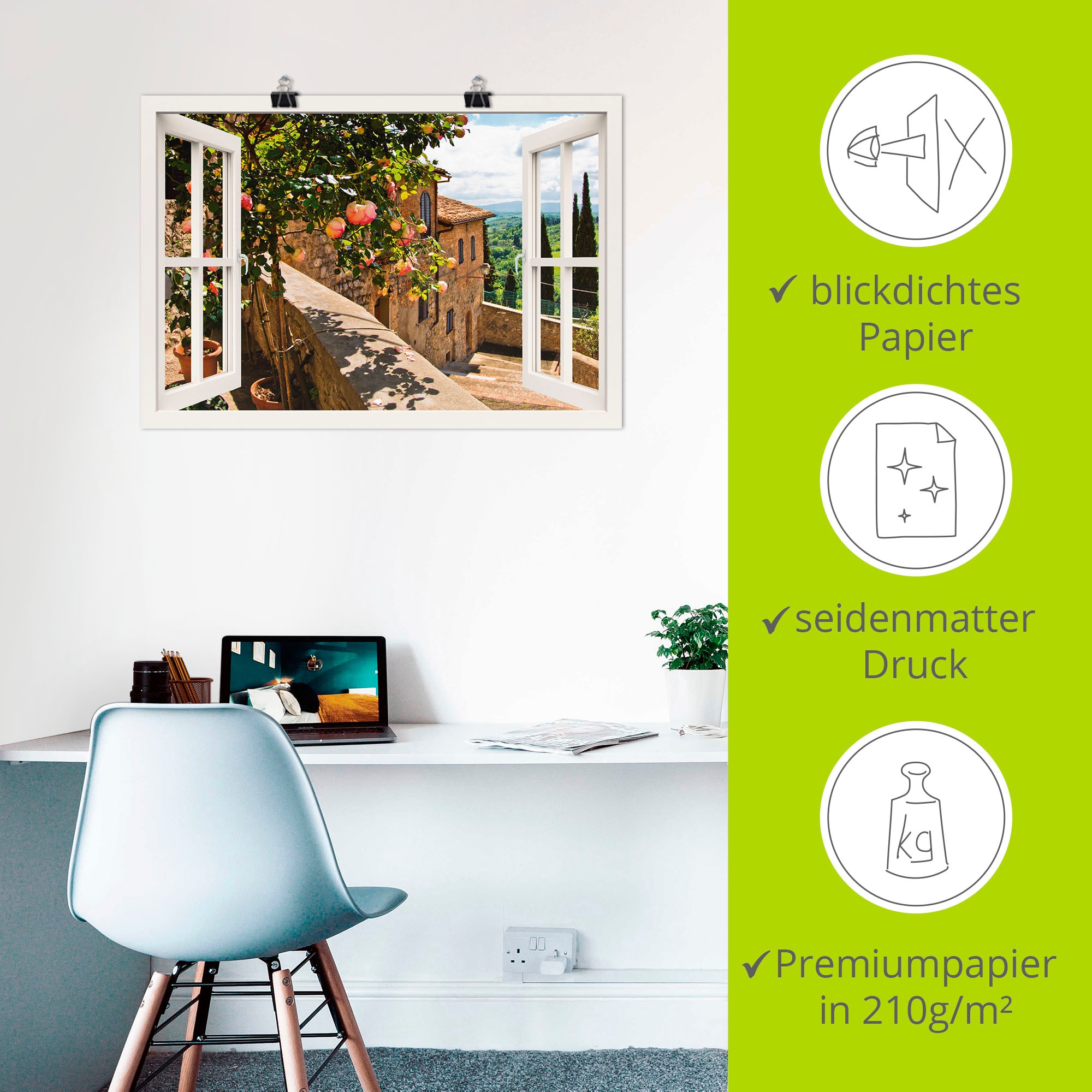 Artland Wandbild »Fensterblick Rosen auf Balkon Toskana«, Garten, (1 St.), als Alubild, Outdoorbild, Leinwandbild, Poster, Wandaufkleber