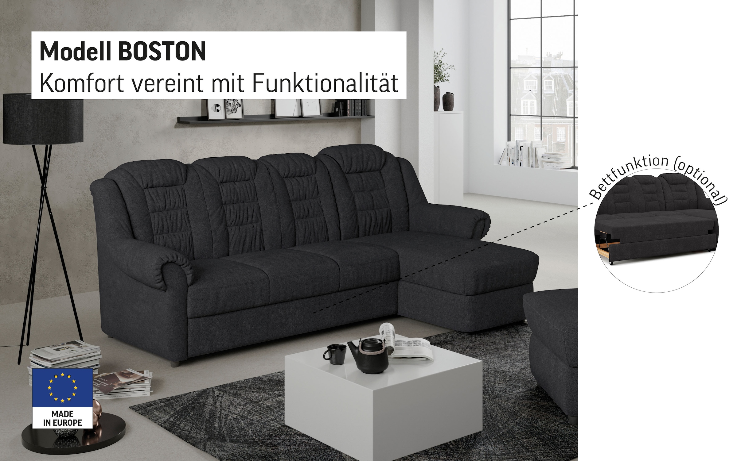 Home affaire Ecksofa »Boston L-Form«, mit hoher Rückenlehne, wahlweise mit Bettfunktion