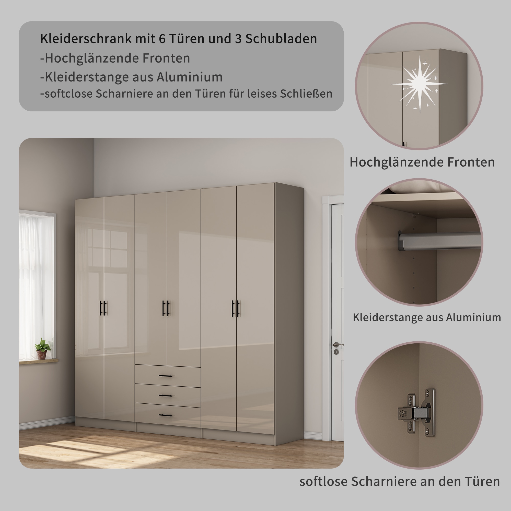 OTTO home Kleiderschrank »Trento Schlafzimmerschrank Garderobe hochglanz« in 2 unterschiedlichen Schrankhöhen wählbar,  Schrank mit 6 Türen und 3 Schubladen, hochglanz Fronten, Höhe 2,39m