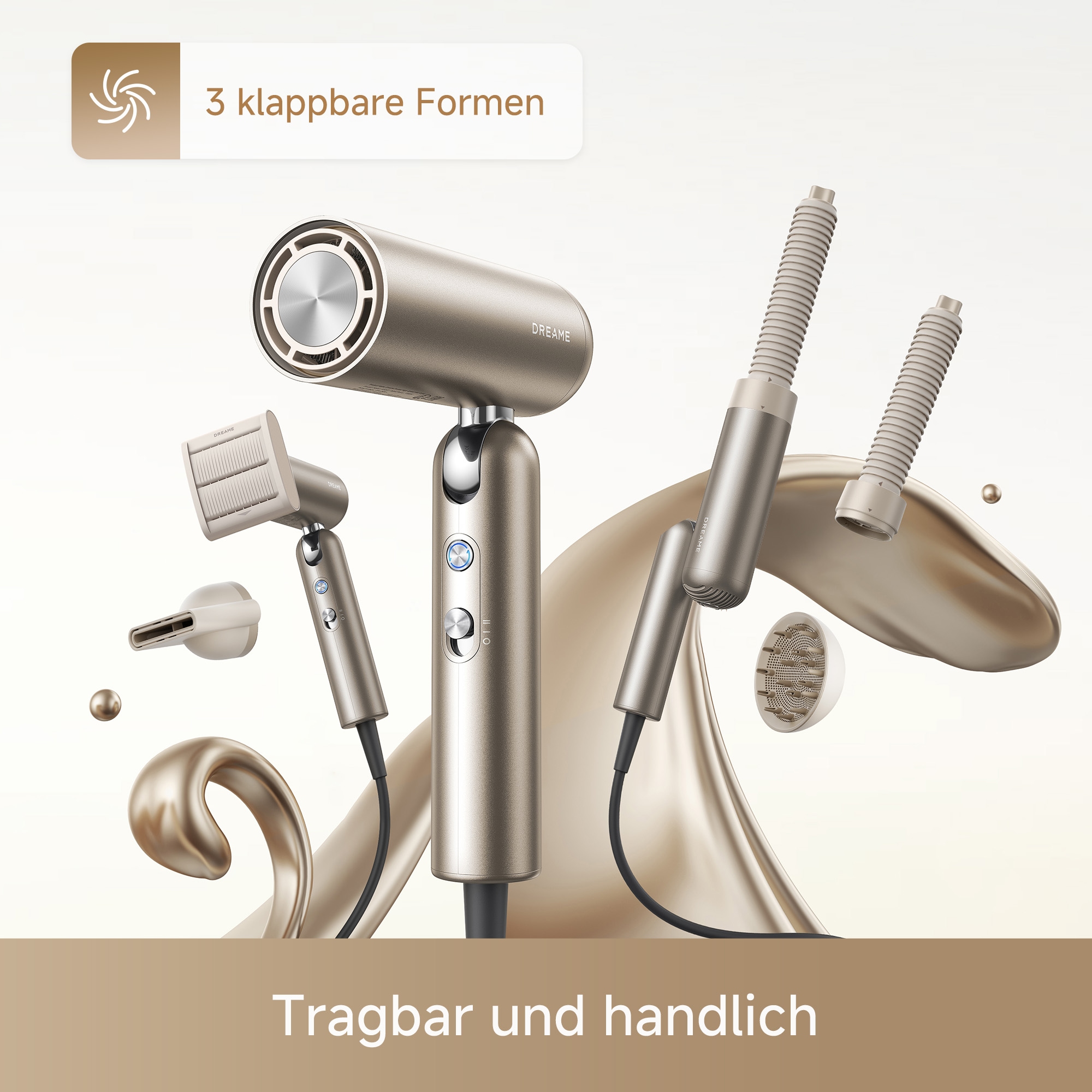Dreame Haartrockner »Pocket Pro« 1.300 W 4 Aufsätze Hitzeschutz, Diffusor, Anti-Frizz, Lockenaufsätze