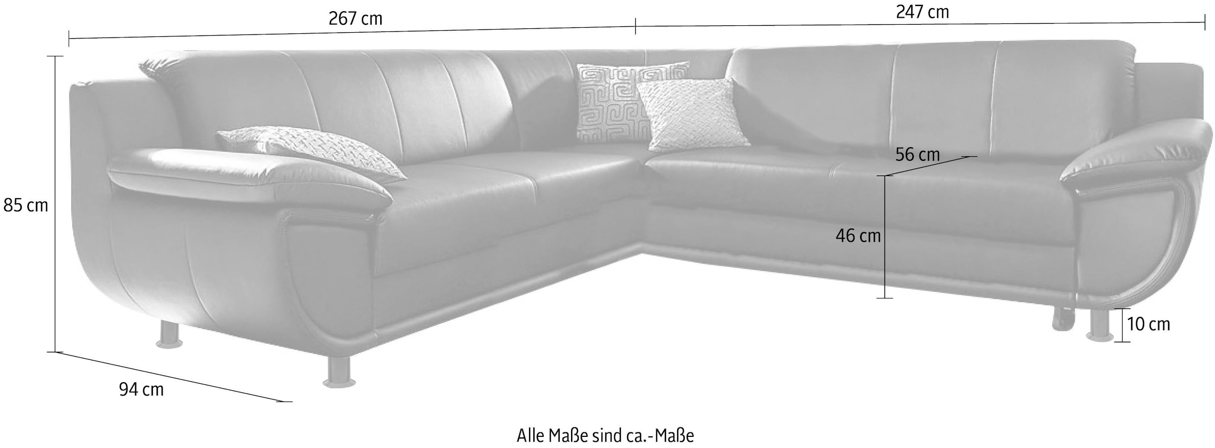 TRENDMANUFAKTUR Ecksofa »Rondo wahlweise mit Schlaffunktion, 267x247 cm (BxT), breite Armlehnen«, L-Form, wahlweise mit Federkern bestellbar, Füße schwarz