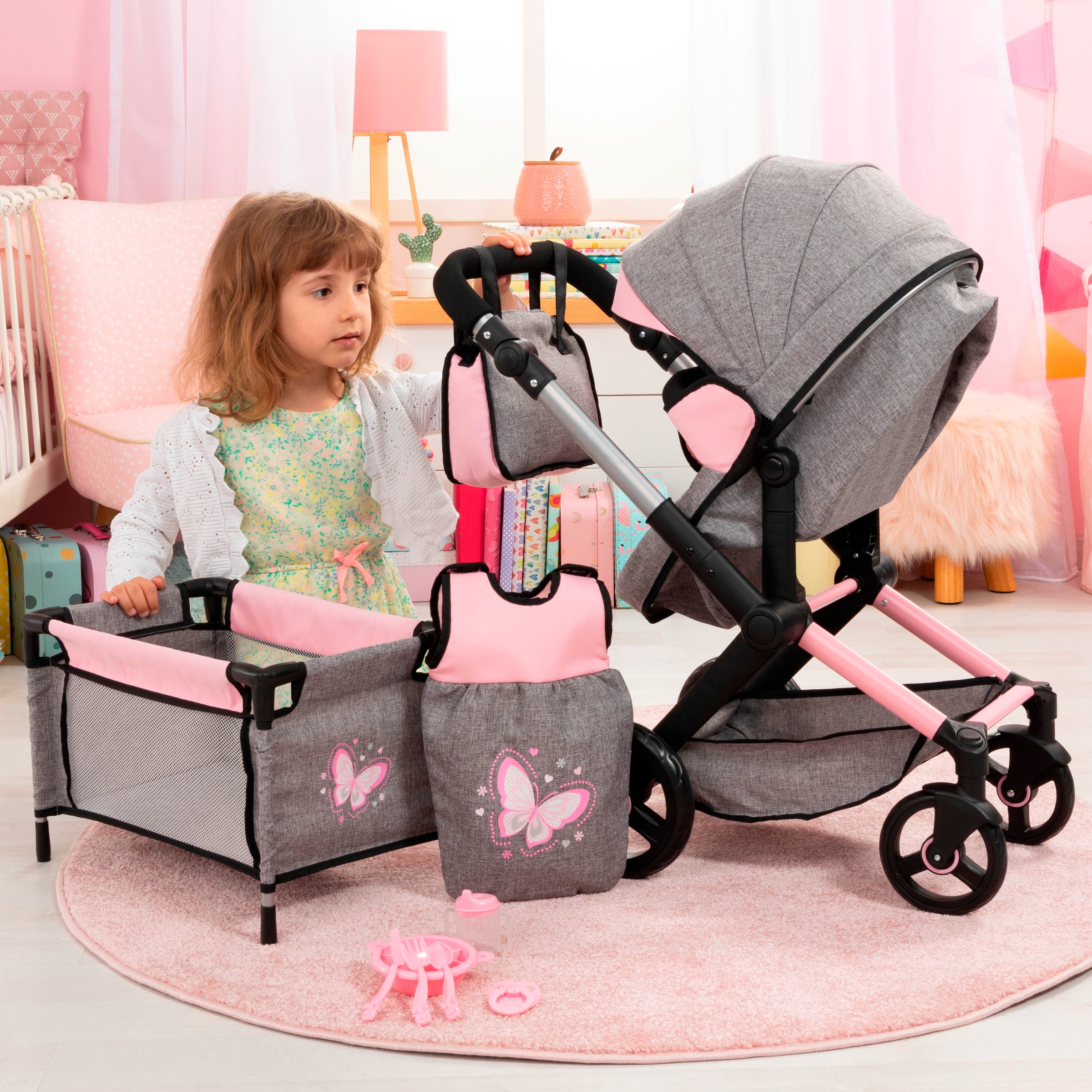Bayer Kombi-Puppenwagen »Xeo Mega, grau/rosa«, (Set)