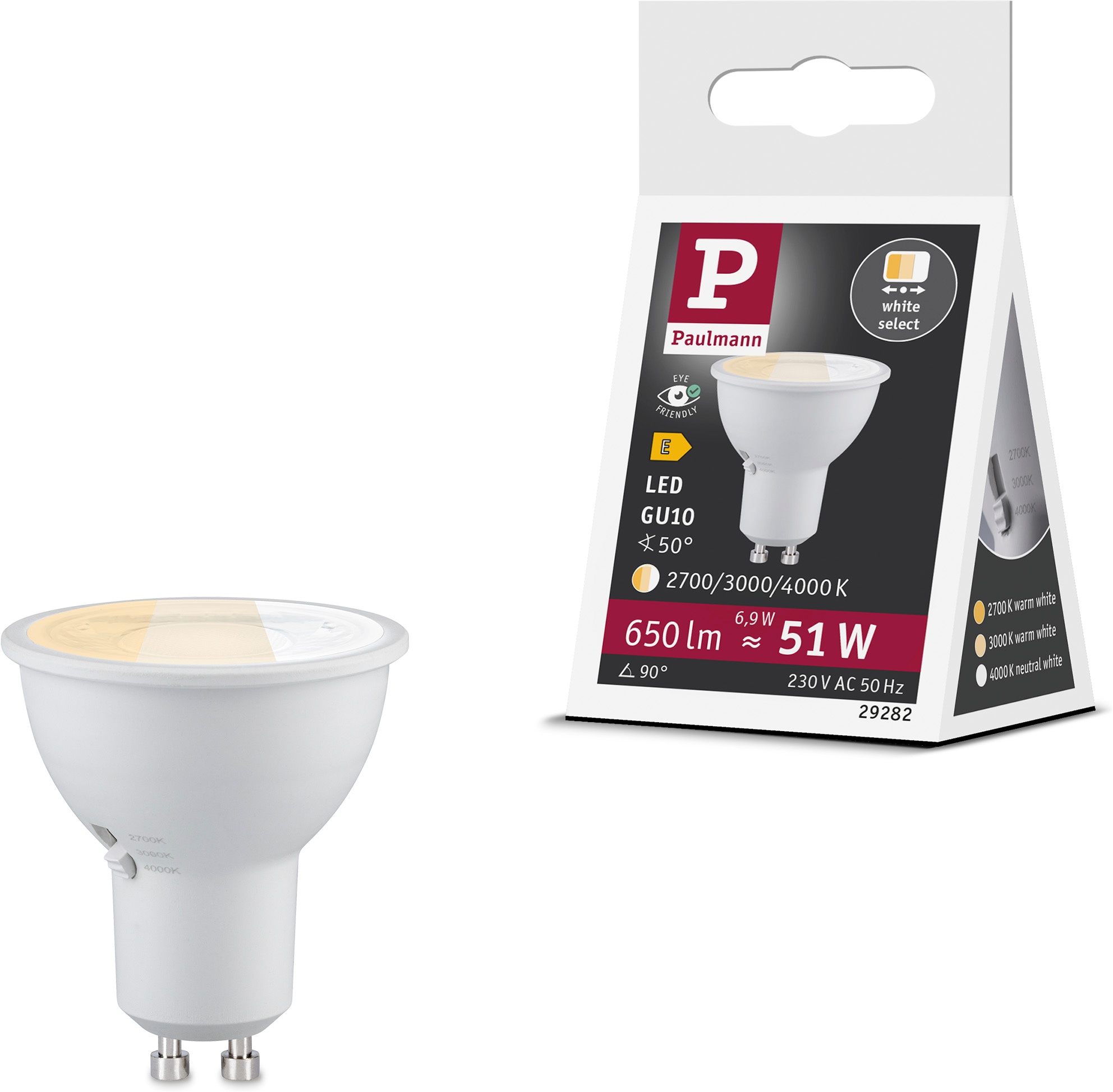 Paulmann LED-Leuchtmittel »650lm 3CCT DipSwitch 50° 6,9W 230V« GU10 1 Stk. Farbwechsler White Select