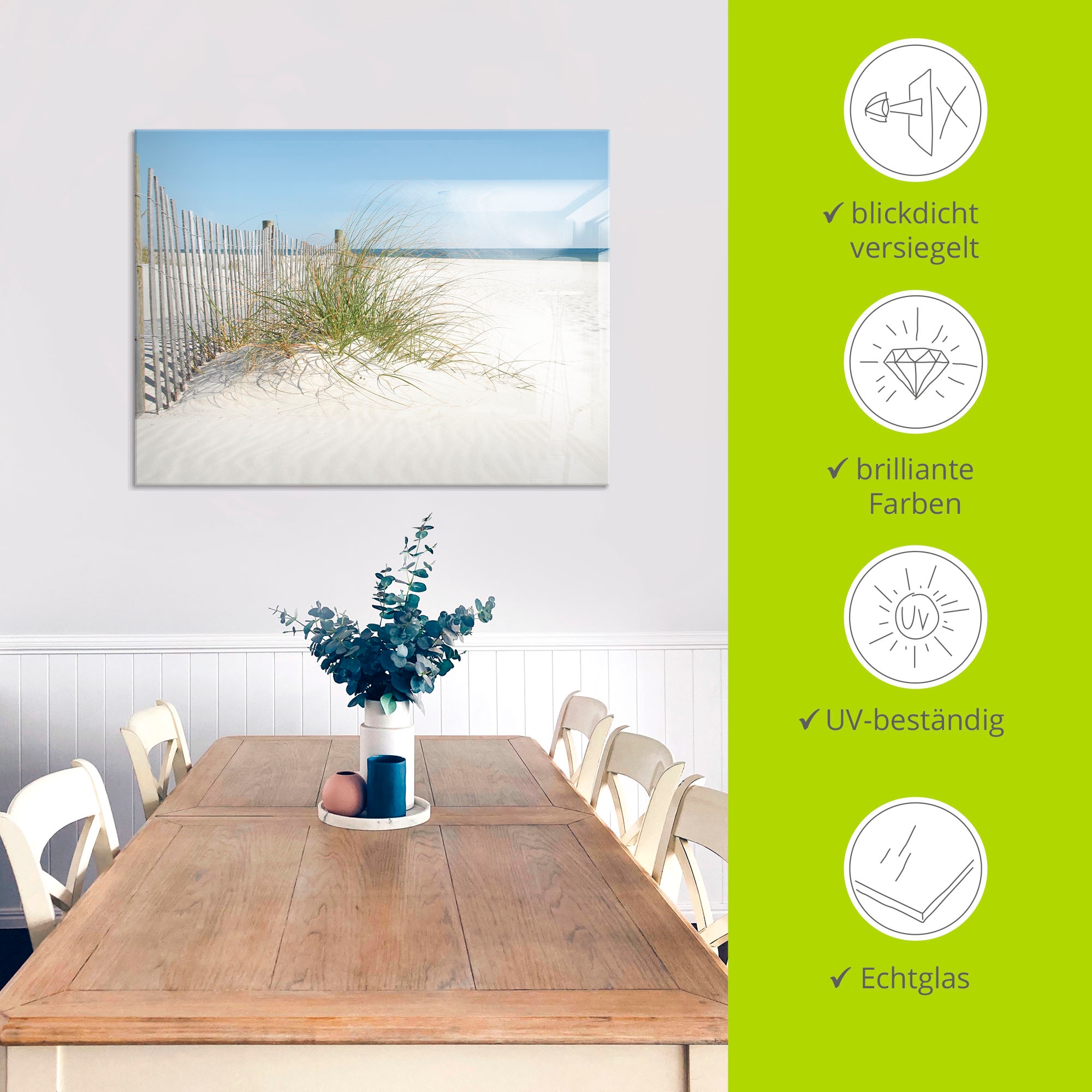 Artland Glasbild »Schöne Sanddüne mit Gräsern und Zaun« Strand 1 Stk. tlg. in verschiedenen Größen