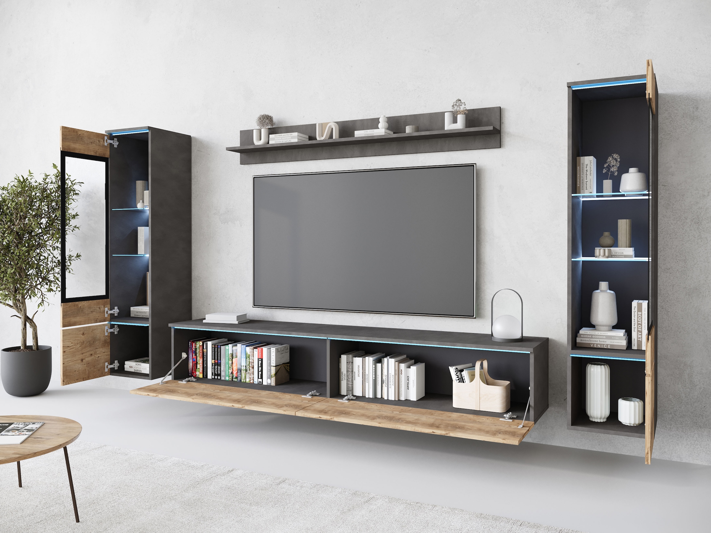 INOSIGN Wohnwand »VERA II, Vitrinen Türanschlag wechselbar«, (Komplett-Set, 4 St.), Mediawand 260 cm, Vitrine mit Verglasung, stehend und hängend