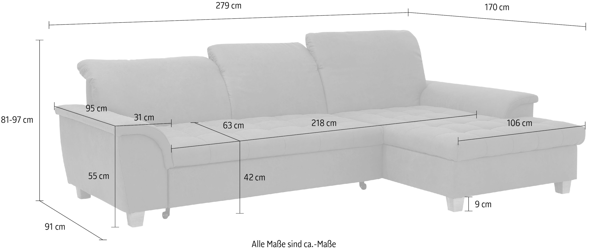 Home affaire Ecksofa »Lyla fester Sitzkomfort, bequeme Armlehnen, Breite 279cm, L-Form« mit Recamiere, wahlweise mit Rückenfunktion und zusätzlich mit Bett